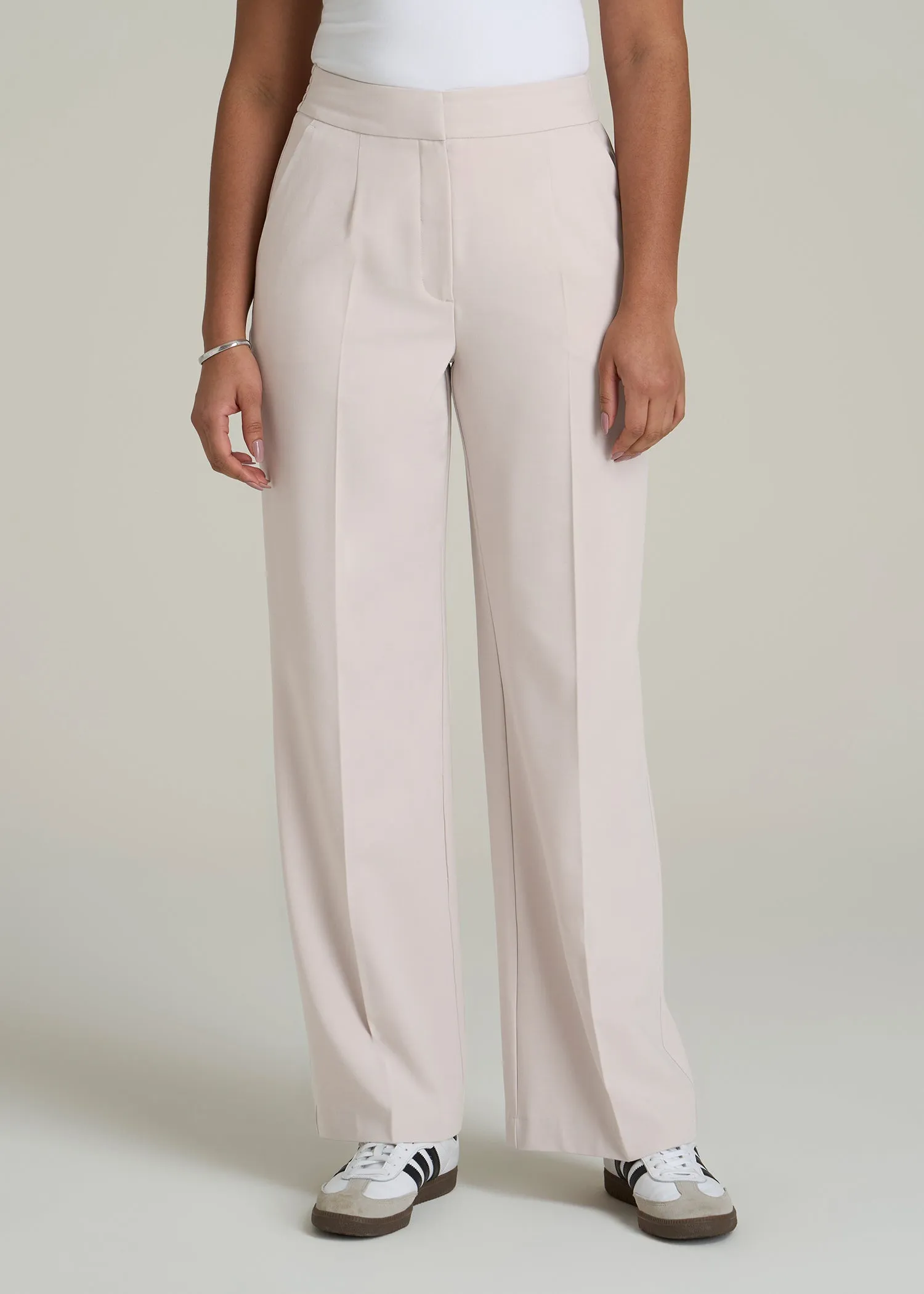Flat Front Wide Leg Dress Pants for Tall Women in Drywall Tan sold by American Tall