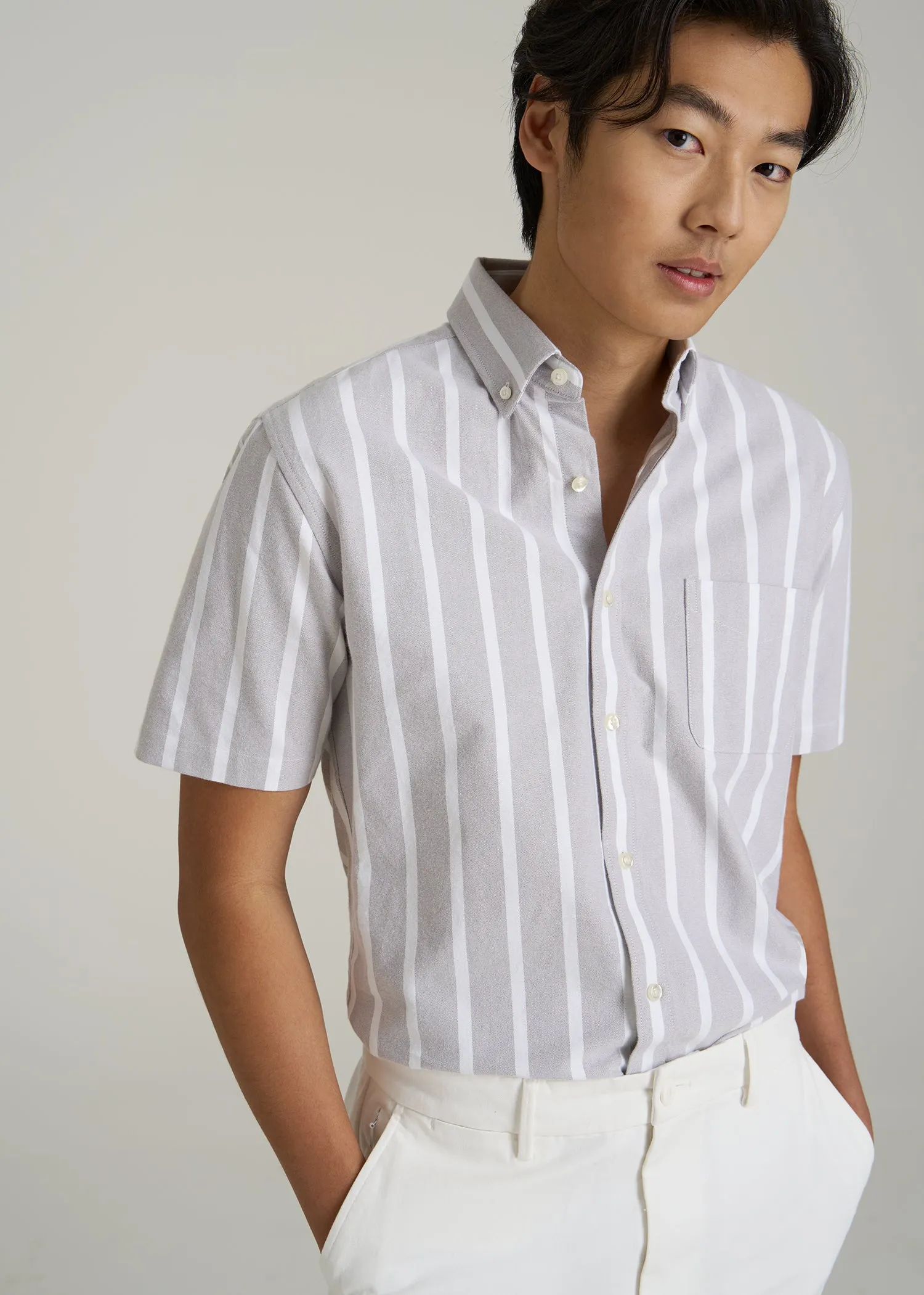 Short Sleeve Oxford Button Shirt For Tall Men in Bold Grey Stripe sold by American Tall product image thumbnail 2