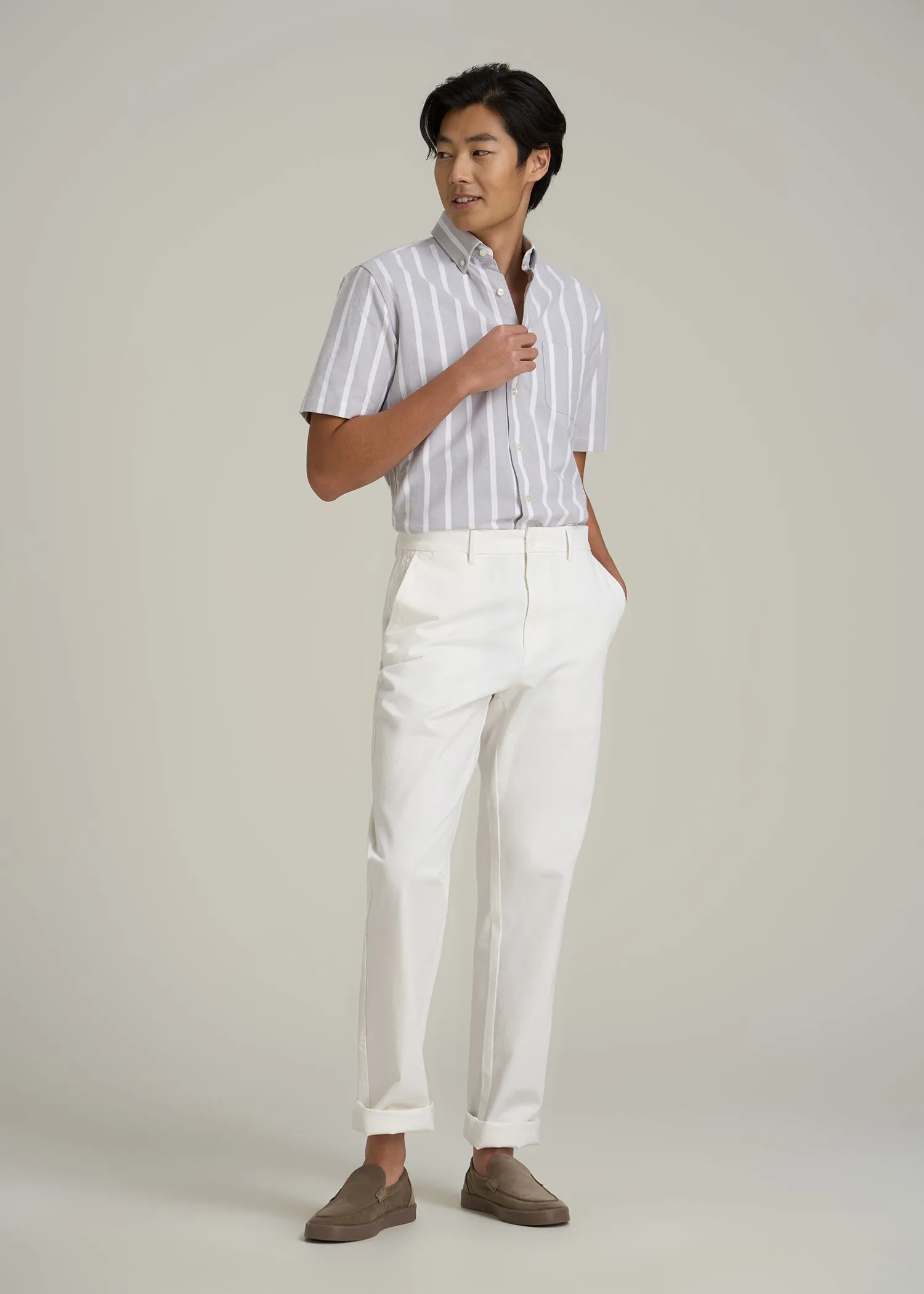 Short Sleeve Oxford Button Shirt For Tall Men in Bold Grey Stripe sold by American Tall product image thumbnail 4