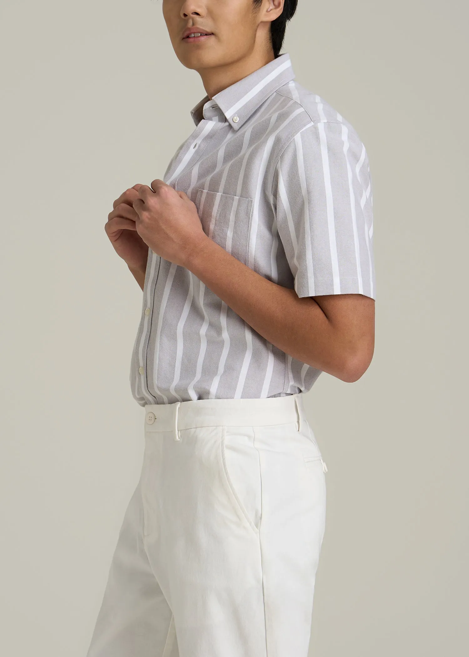 Short Sleeve Oxford Button Shirt For Tall Men in Bold Grey Stripe sold by American Tall product image thumbnail 3