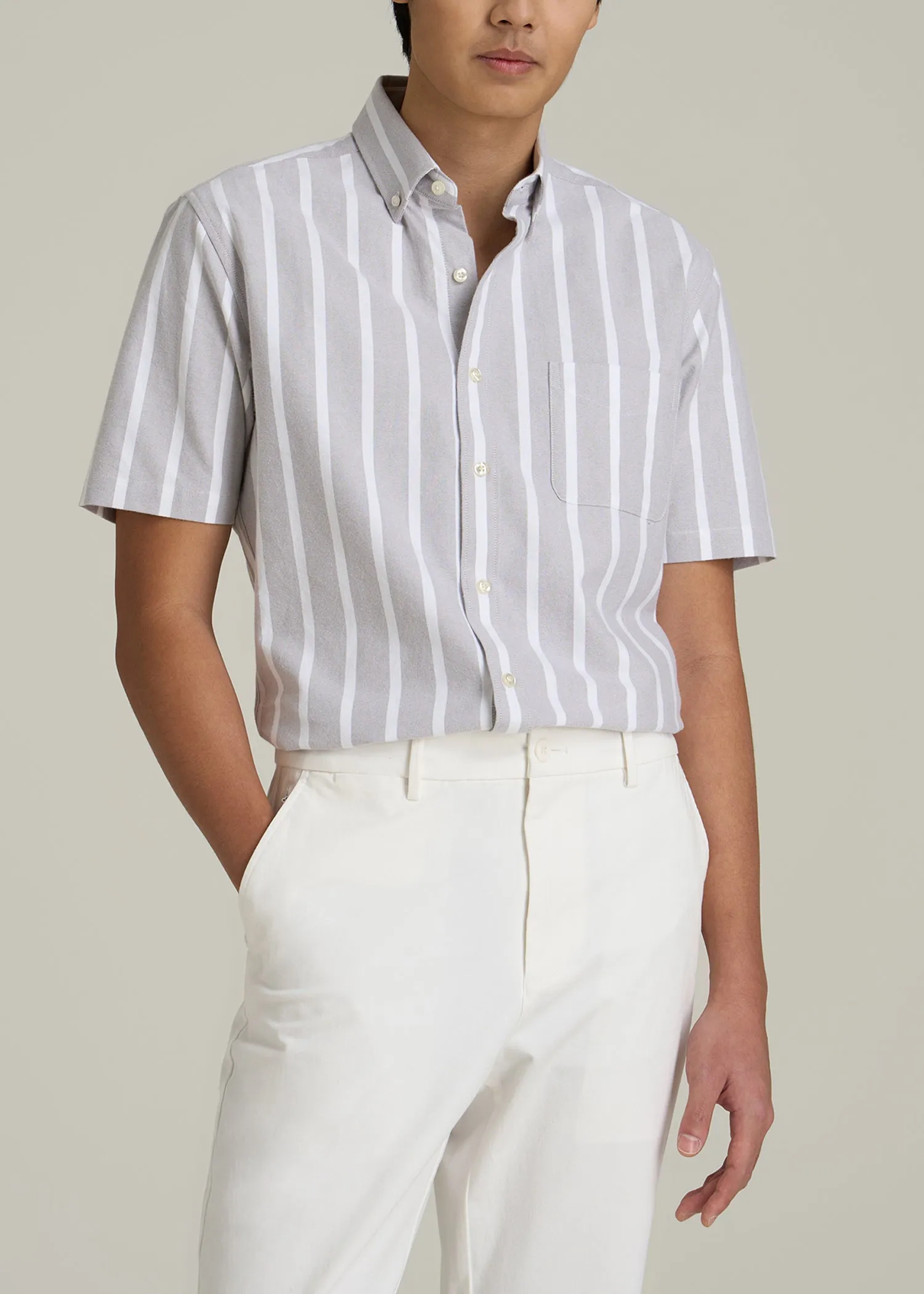 Short Sleeve Oxford Button Shirt For Tall Men in Bold Grey Stripe sold by American Tall
