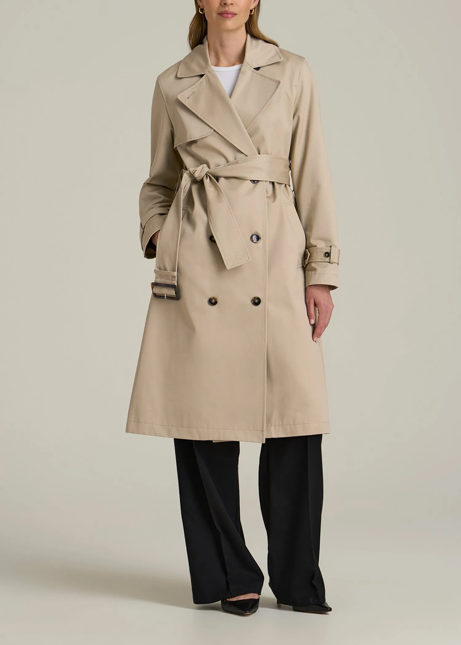 Relaxed Trench Coat for Tall Women in Light Khaki sold by American Tall