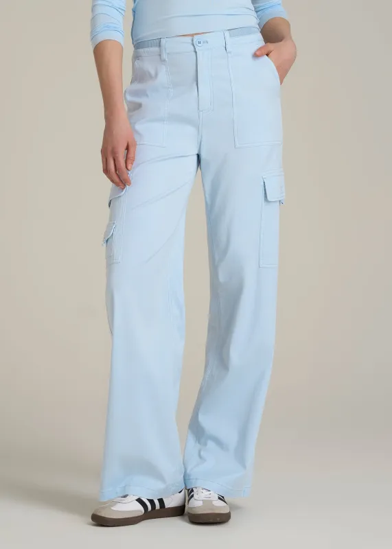 Garment Dyed Wide Leg Cargo Pants for Tall Women in Ice Blue sold by American Tall