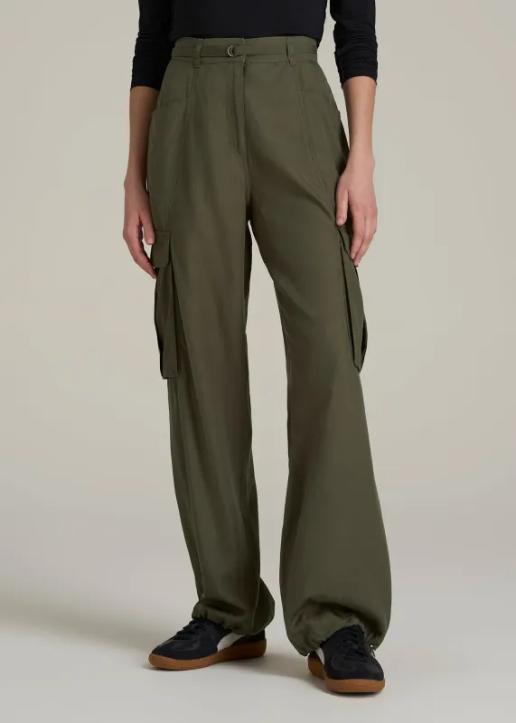 High Rise Cargo Parachute Pants for Tall Women in Forest Night sold by American Tall