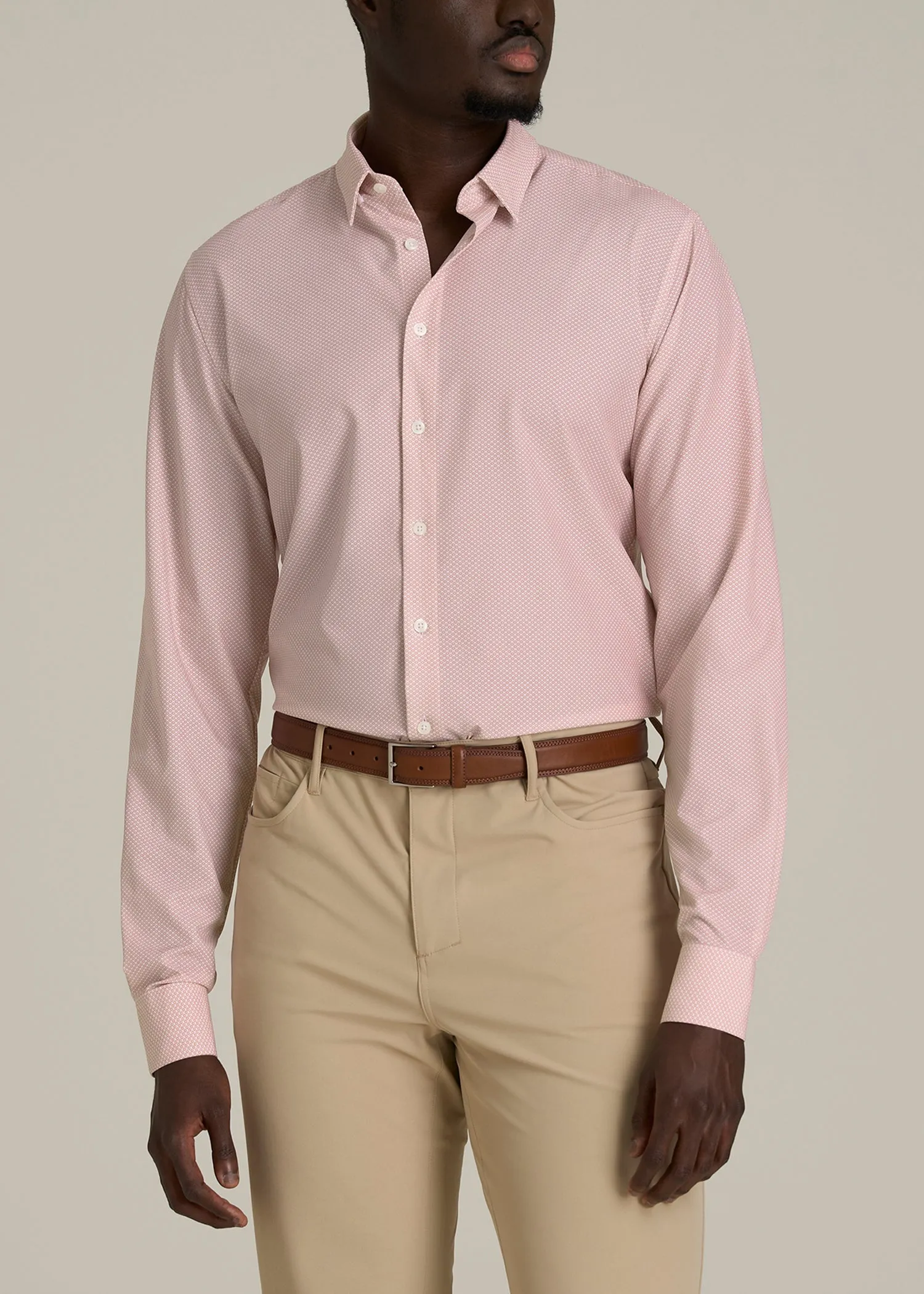 Traveler Stretch Dress Shirt for Tall Men in Light Orange Geometric sold by American Tall