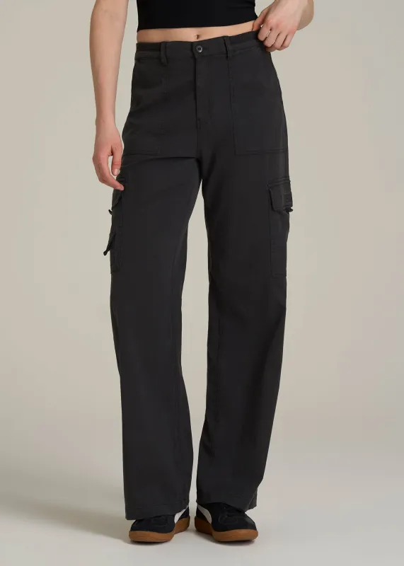 Garment Dyed Wide Leg Cargo Pants for Tall Women in Washed Vintage Black sold by American Tall