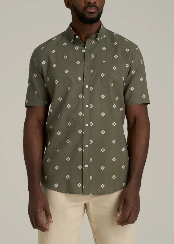 Seersucker Short Sleeve Shirt for Tall Men in Olive and Beige Floral sold by American Tall