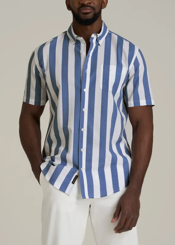 トップス is-ness SHORTSLEEVE SEERSUCKER WORKSHIRT Seersucker Tall Men's Short Sleeve Shirt in Navy Botanist