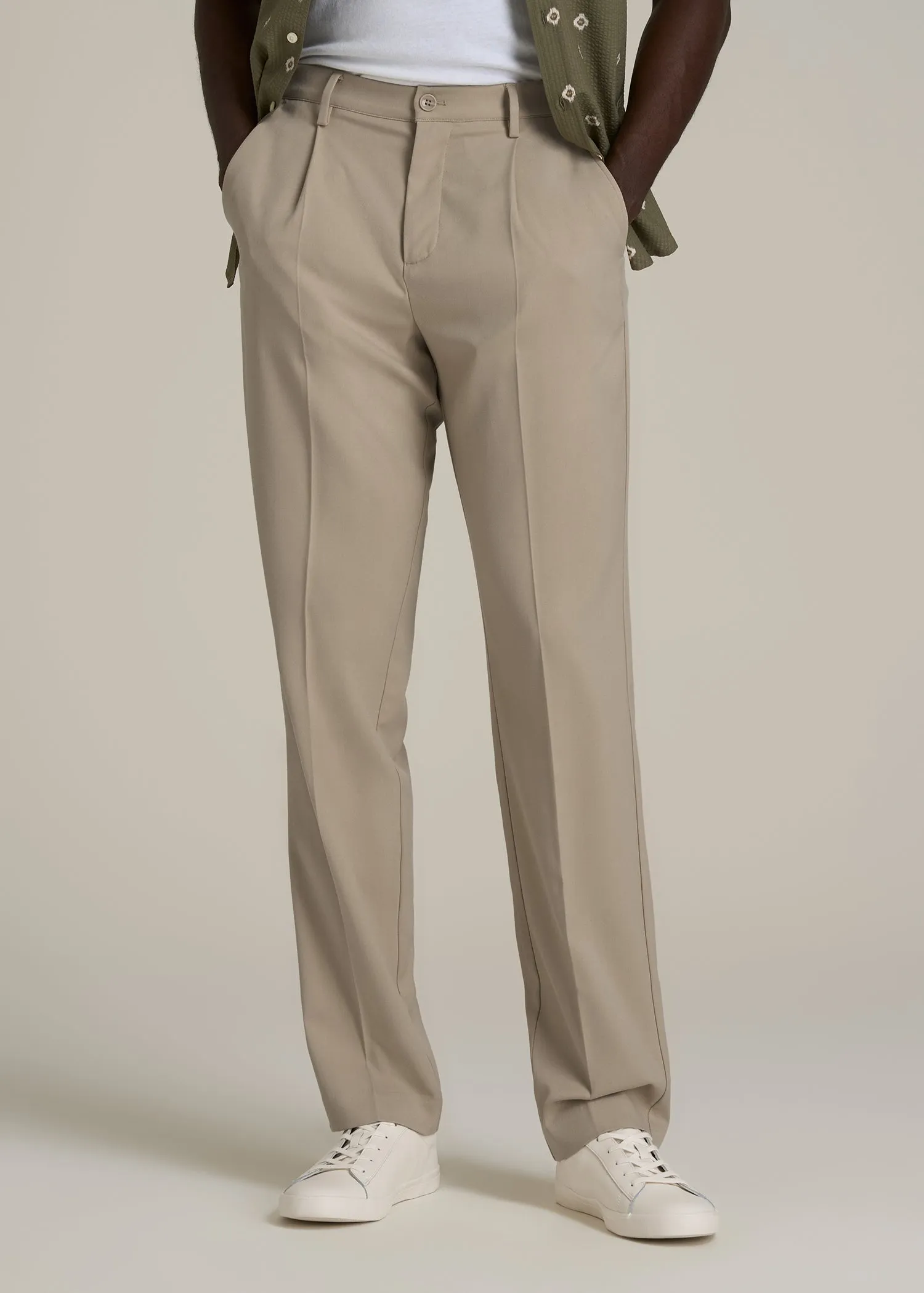 Relaxed Pleated Trousers for Tall Men in Light Khaki sold by American Tall