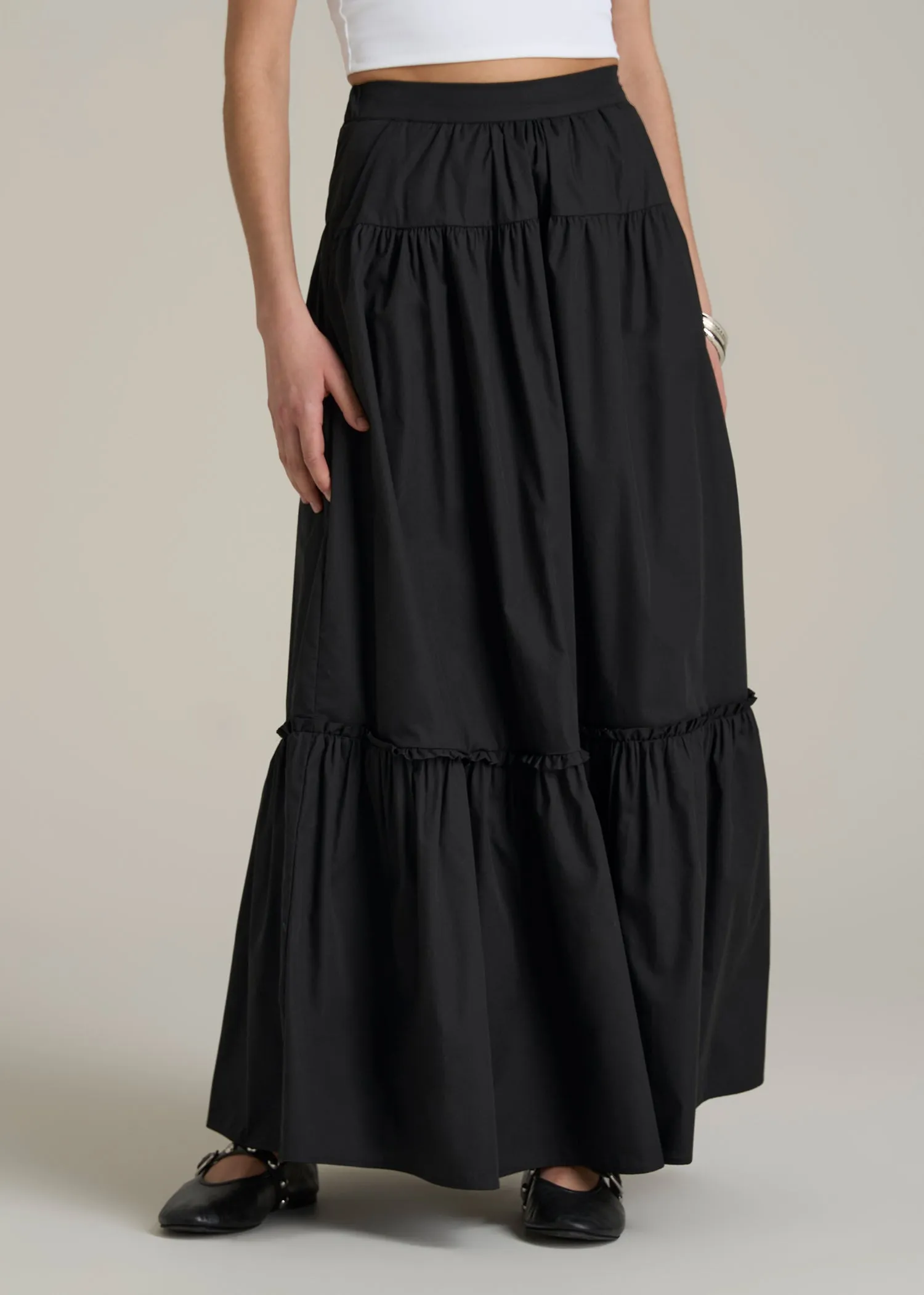 Tiered Cotton Maxi Skirt for Tall Women in Black sold by American Tall