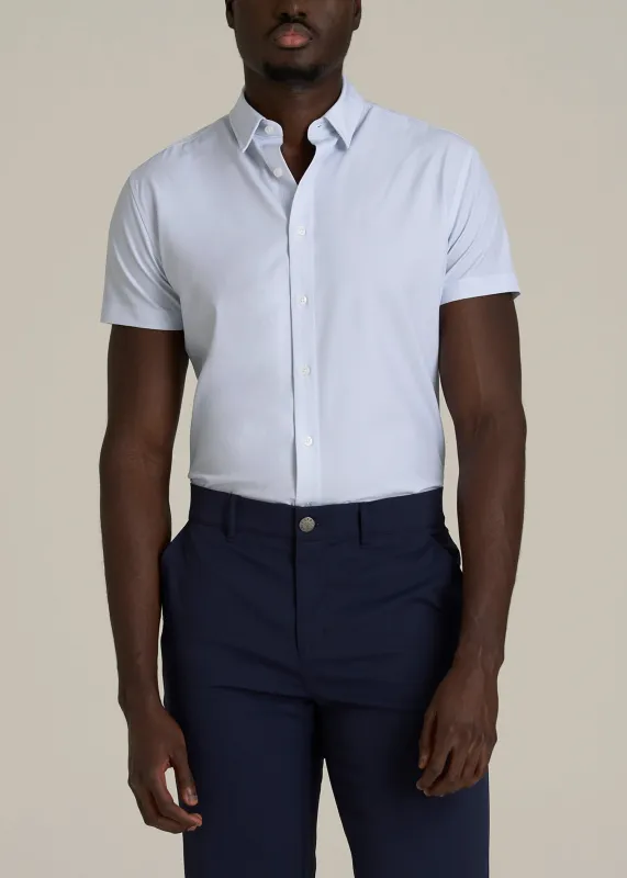Short Sleeve Traveler Stretch Button Shirt for Tall Men in Light Grey Chevron sold by American Tall