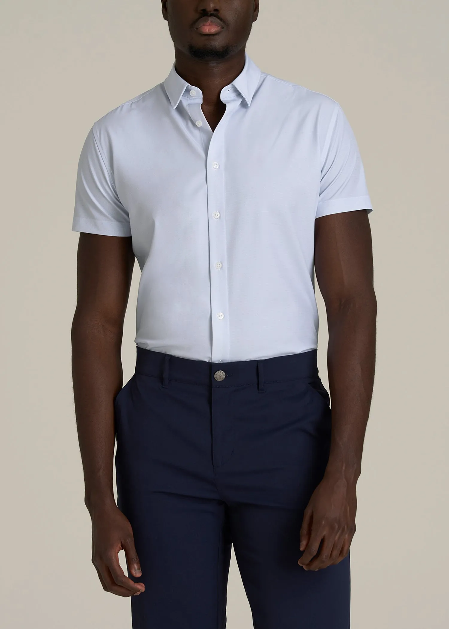 Short Sleeve Traveler Stretch Button Shirt for Tall Men in Light Grey Chevron sold by American Tall