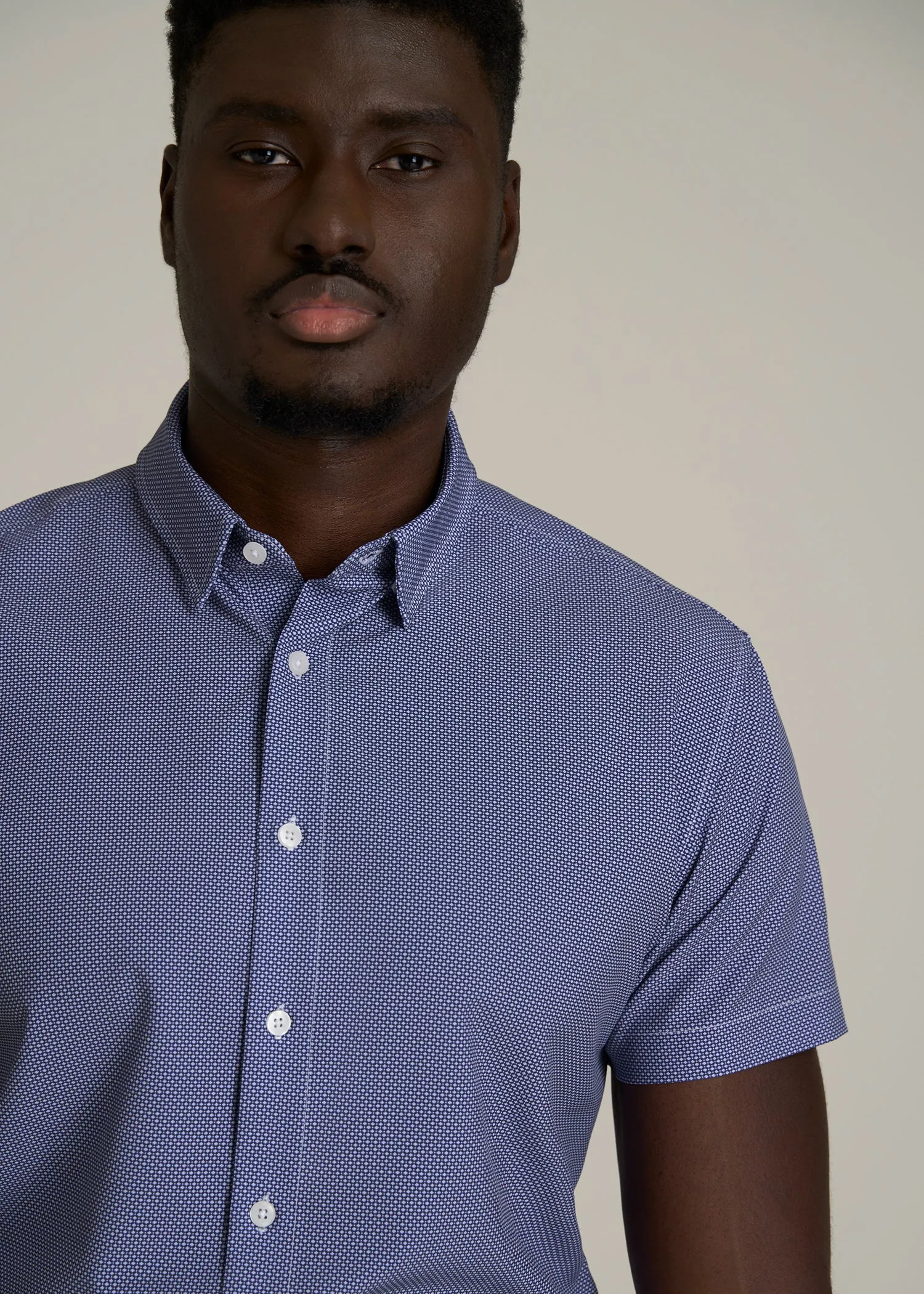 Short Sleeve Traveler Stretch Button Shirt for Tall Men in Royal Blue Geometric sold by American Tall product image thumbnail 2