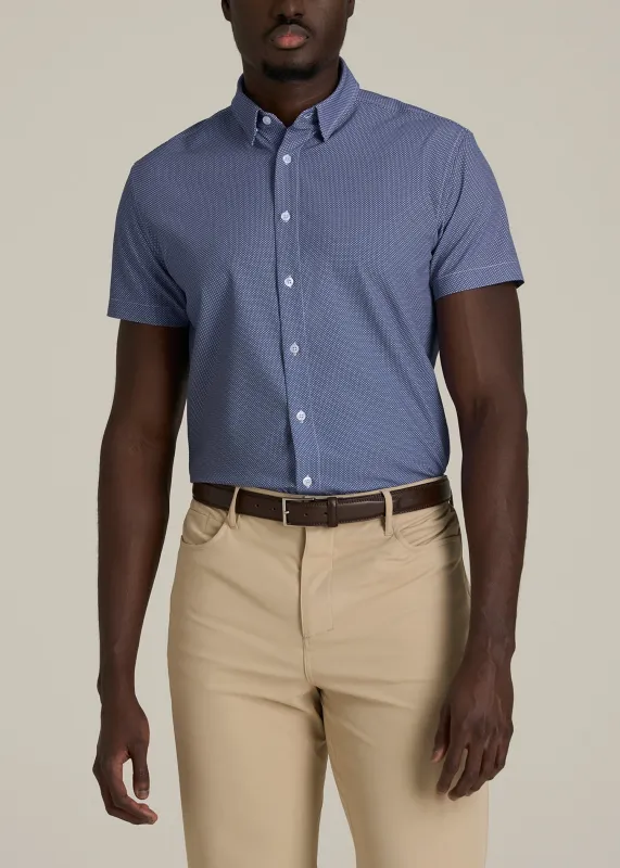 Short Sleeve Traveler Stretch Button Shirt for Tall Men in Royal Blue Geometric sold by American Tall