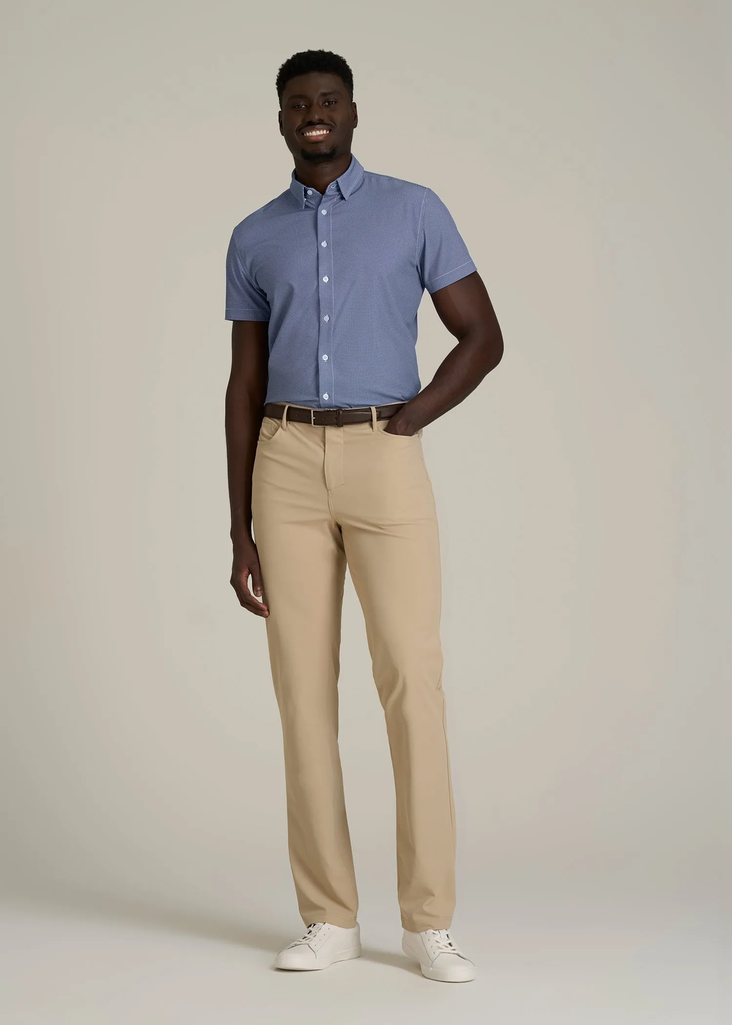 Short Sleeve Traveler Stretch Button Shirt for Tall Men in Royal Blue Geometric sold by American Tall product image thumbnail 4