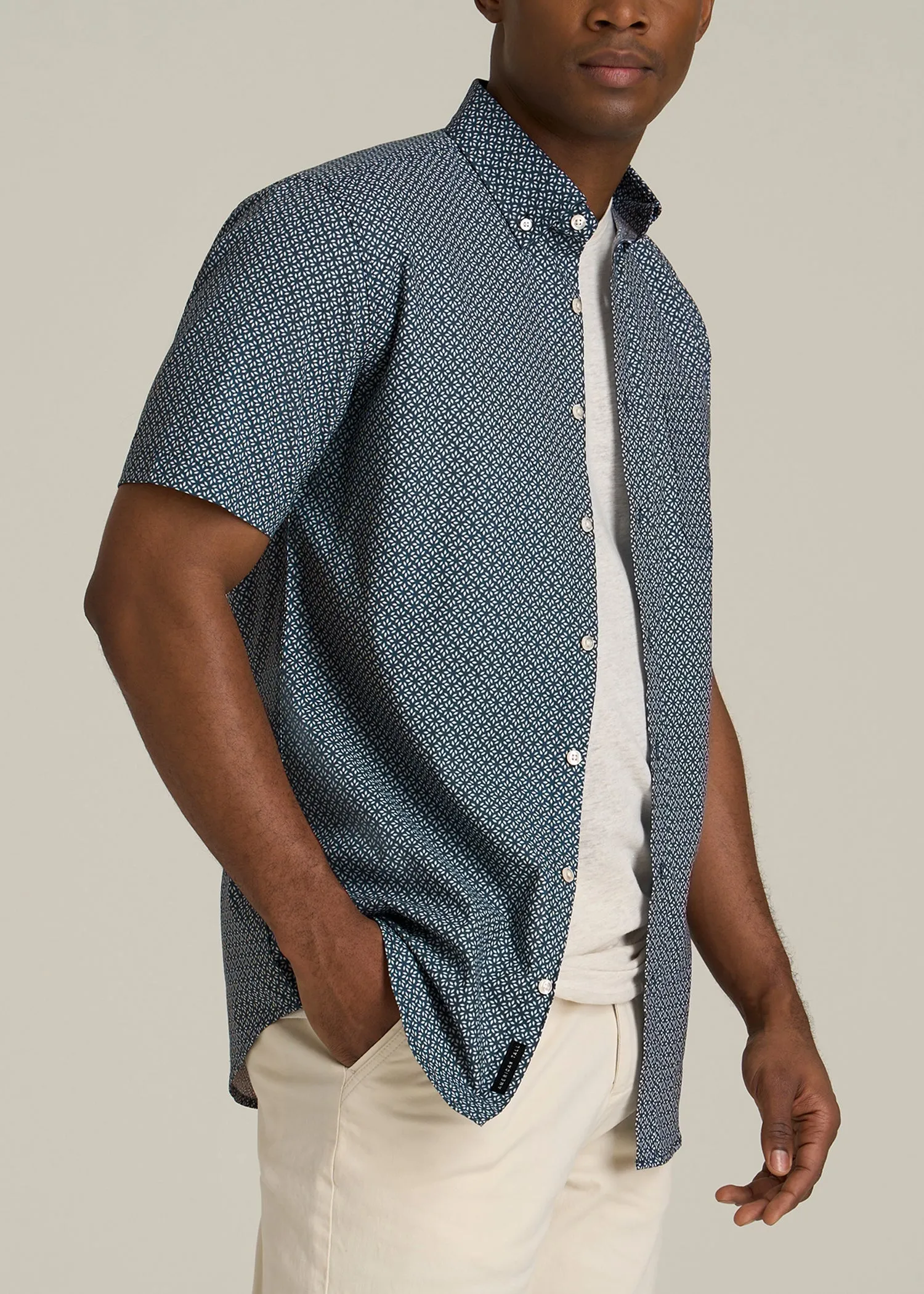 Short Sleeve Shirt for Tall Men in Grey and Blue Geometric sold by American Tall product image thumbnail 3