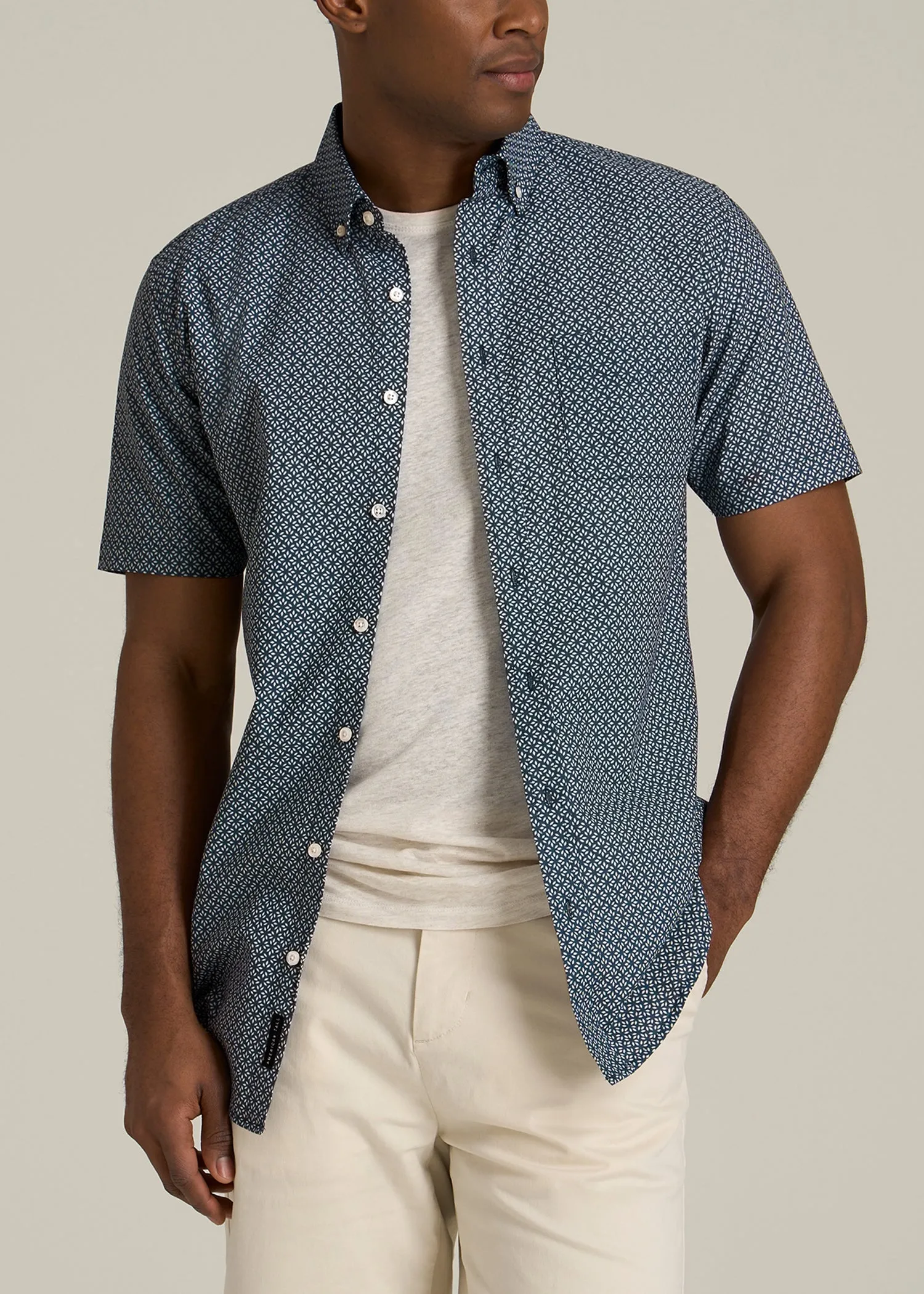 Short Sleeve Shirt for Tall Men in Grey and Blue Geometric sold by American Tall