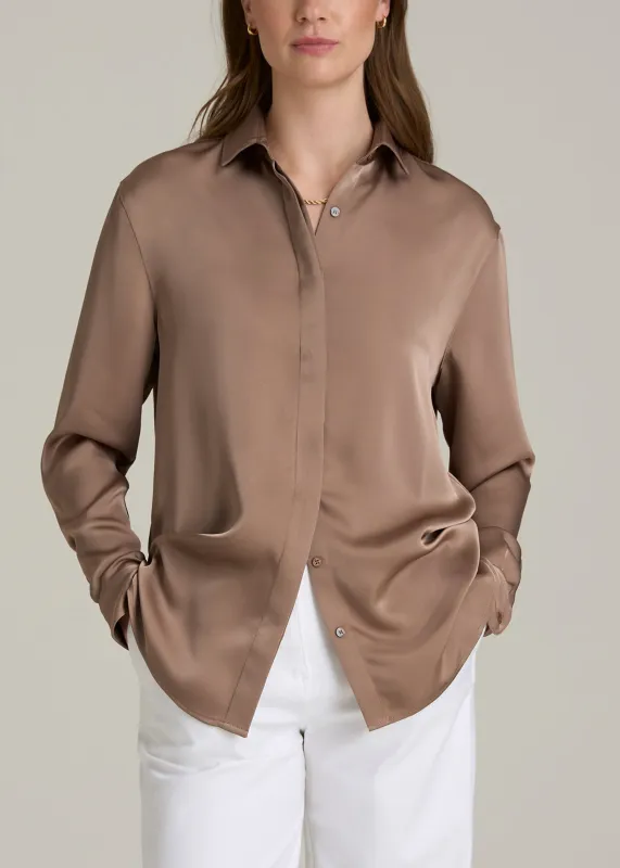 Relaxed Button-Up Blouse for Tall Women in Latte sold by American Tall