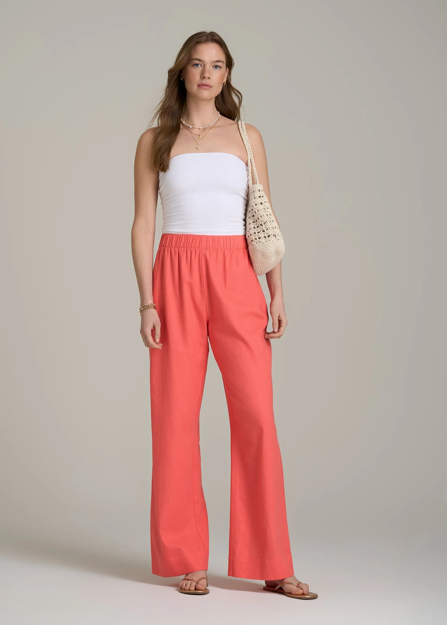 Pull On Wide Leg Linen Pants for Tall Women in Sunset Coral sold by American Tall product image thumbnail 4