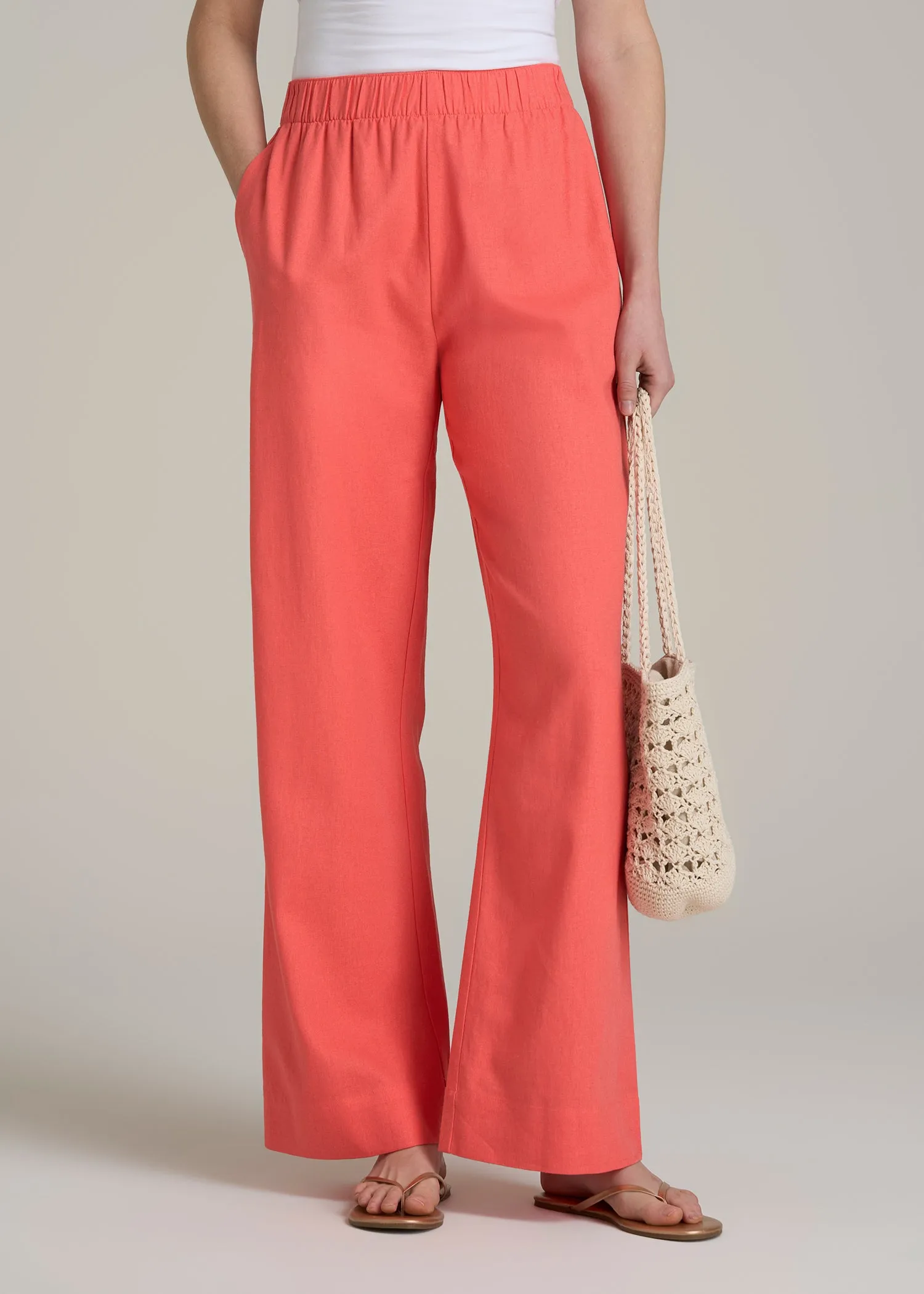 Pull On Wide Leg Linen Pants for Tall Women in Sunset Coral sold by American Tall