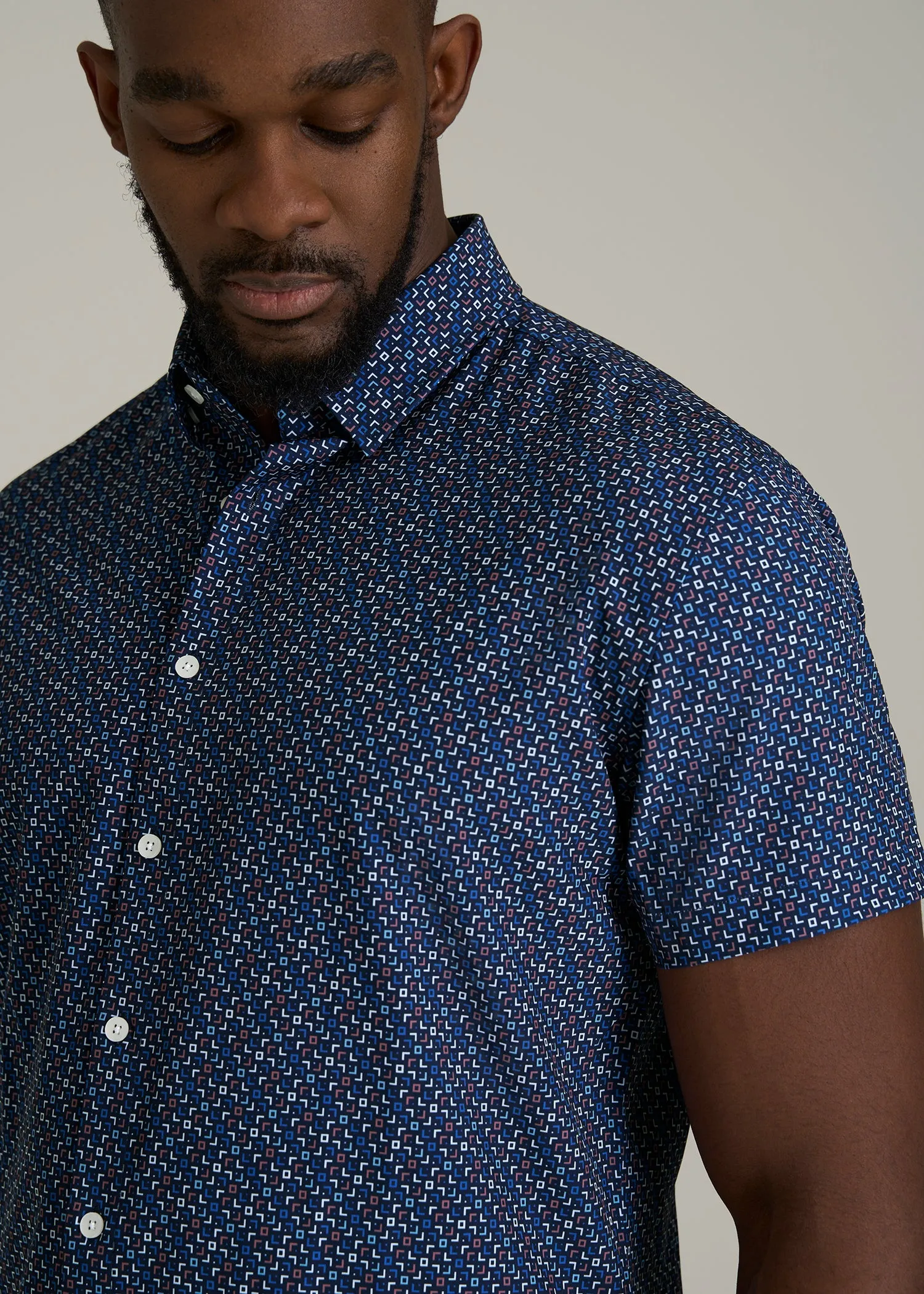 Short Sleeve Traveler Stretch Button Shirt for Tall Men in Blue Fleck sold by American Tall product image thumbnail 2
