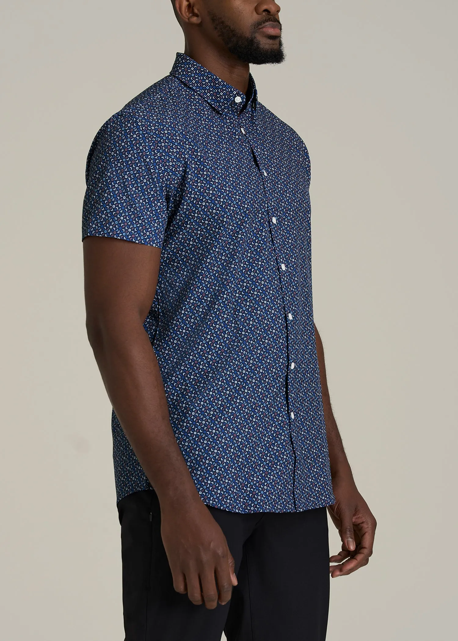 Short Sleeve Traveler Stretch Button Shirt for Tall Men in Blue Fleck sold by American Tall product image thumbnail 3