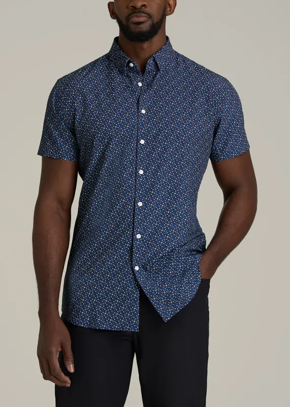 Short Sleeve Traveler Stretch Button Shirt for Tall Men in Blue Fleck sold by American Tall