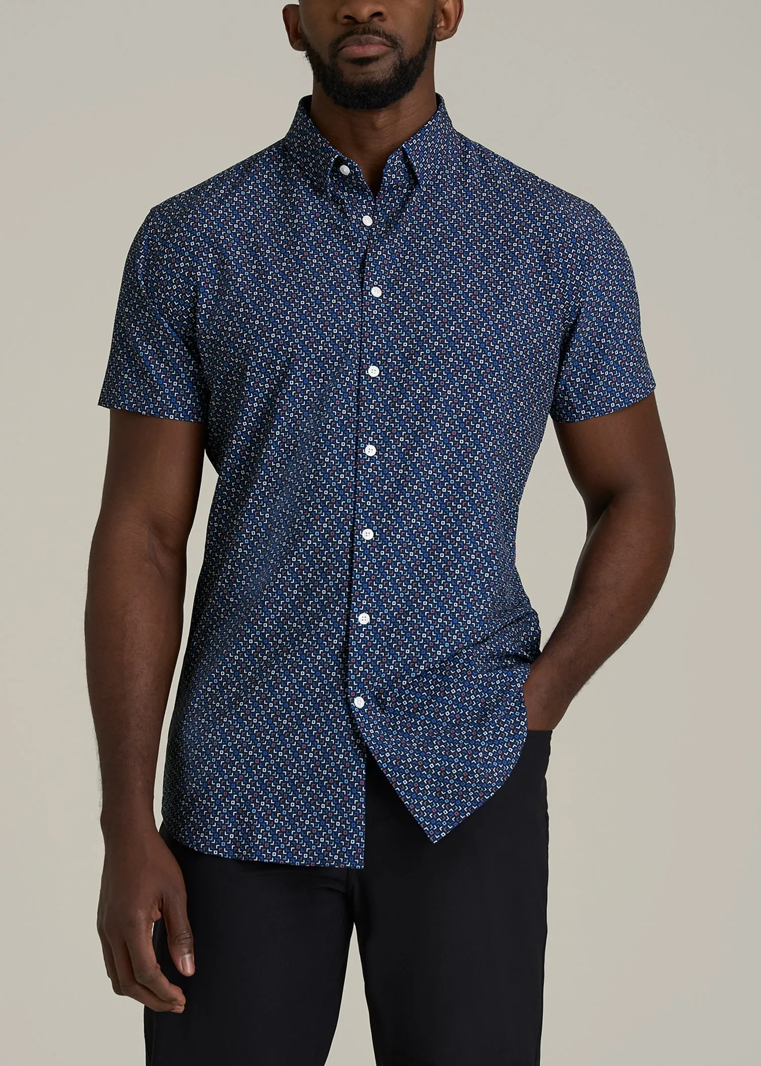 Short Sleeve Traveler Stretch Button Shirt for Tall Men in Blue Fleck sold by American Tall