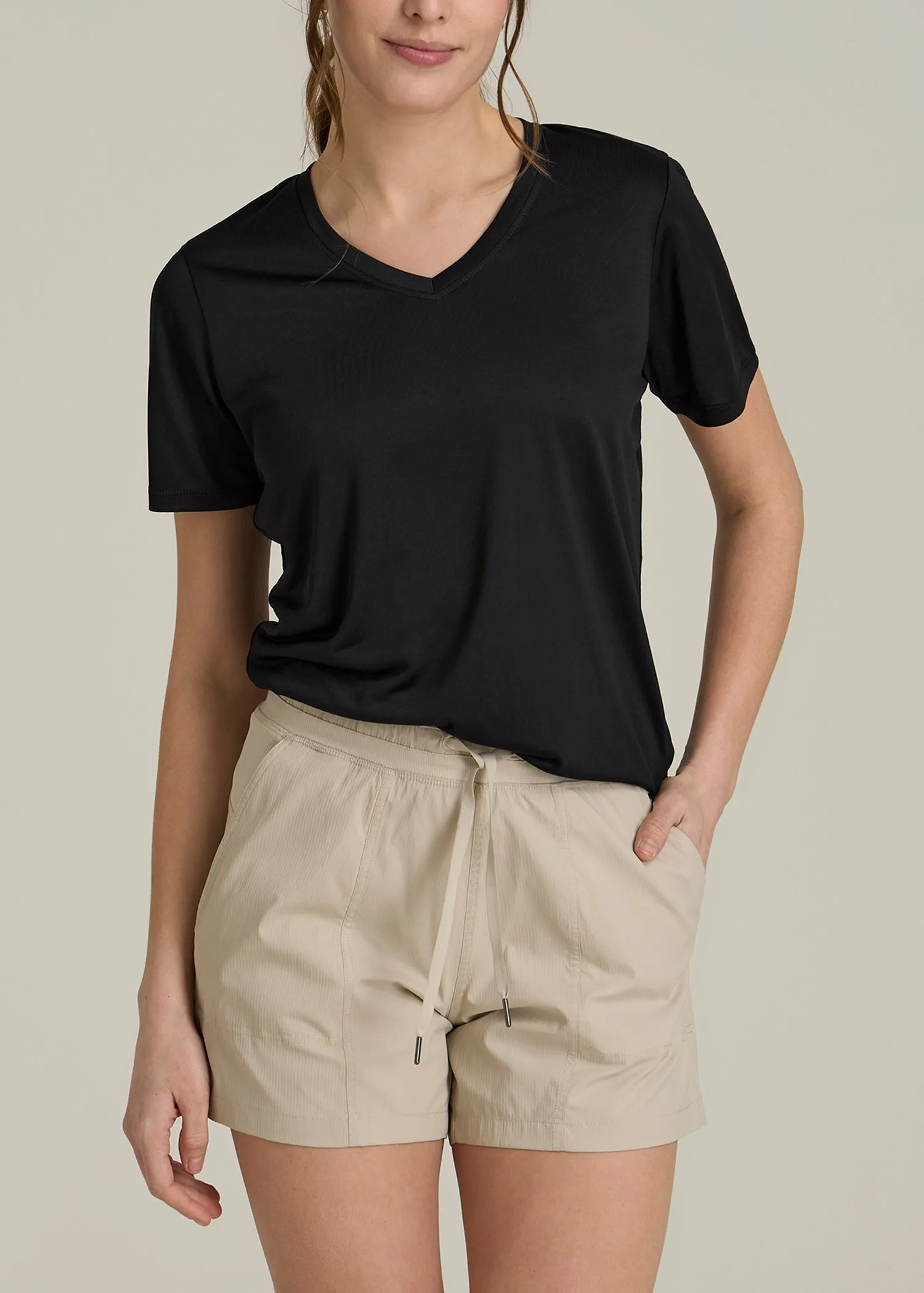 Short Sleeve Active V Neck T-Shirt for Tall Women in Black sold by American Tall