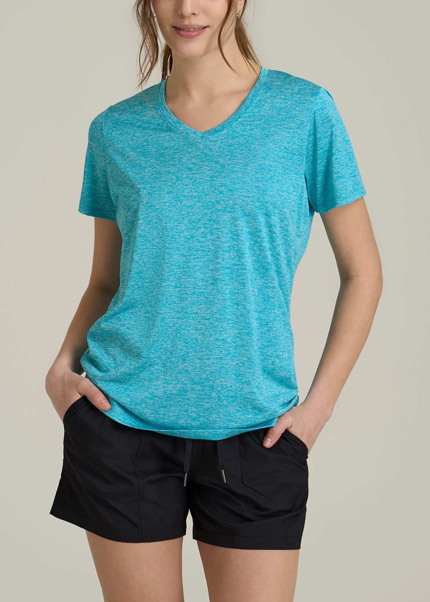 Short Sleeve Active V Neck T-Shirt for Tall Women in Scuba Blue Mix sold by American Tall
