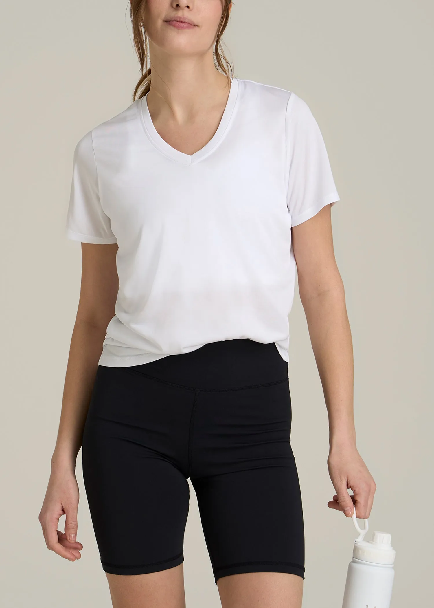 Short Sleeve Active V Neck T-Shirt for Tall Women in Optic White sold by American Tall