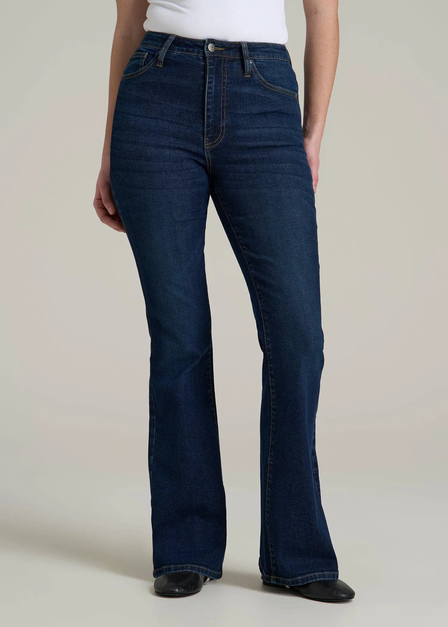 Chloe High Rise Flare Jeans for Tall Women in Indigo Dusk sold by American Tall