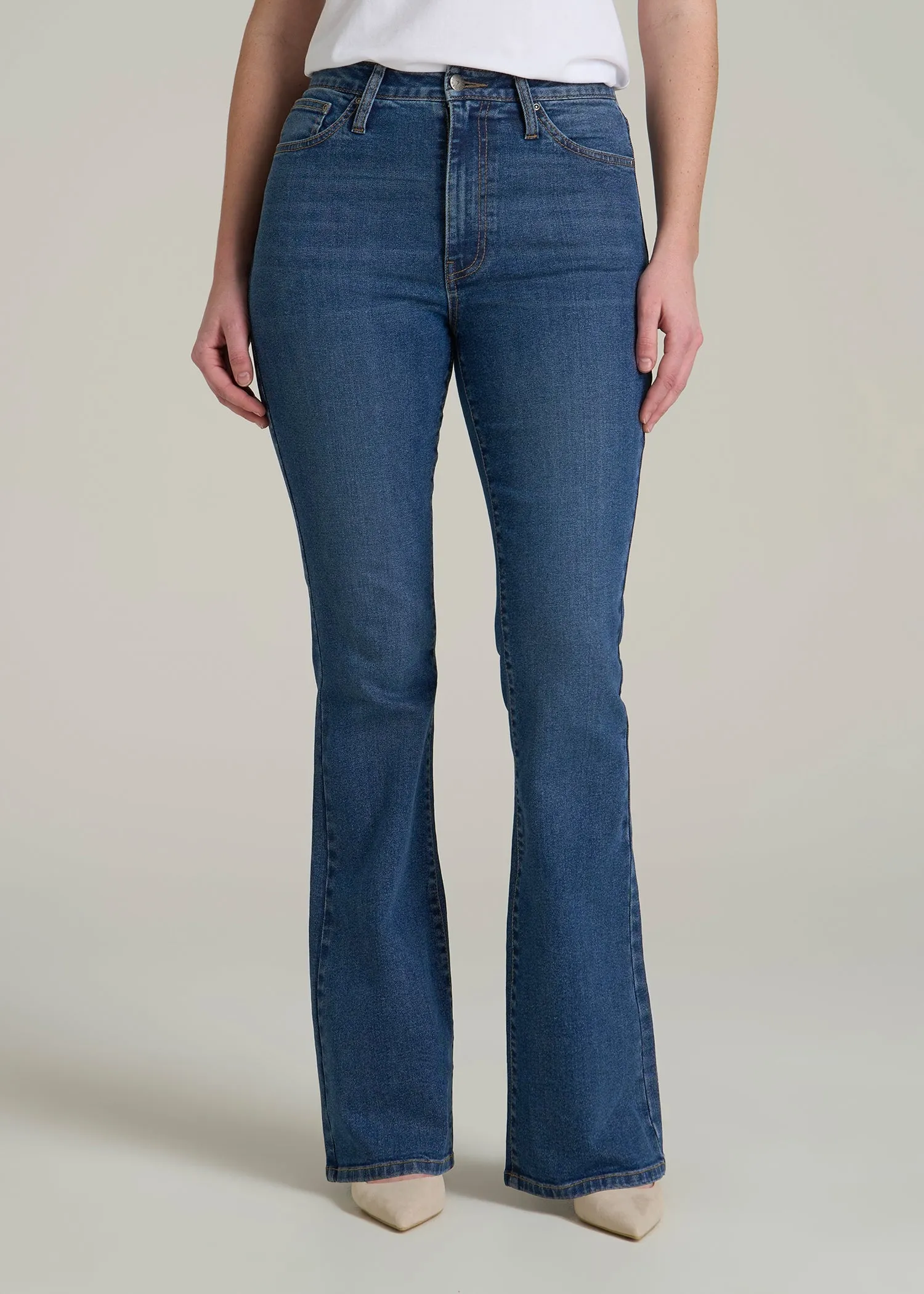 Chloe High Rise Flare Jeans for Tall Women in Stellar Blue Wash sold by American Tall