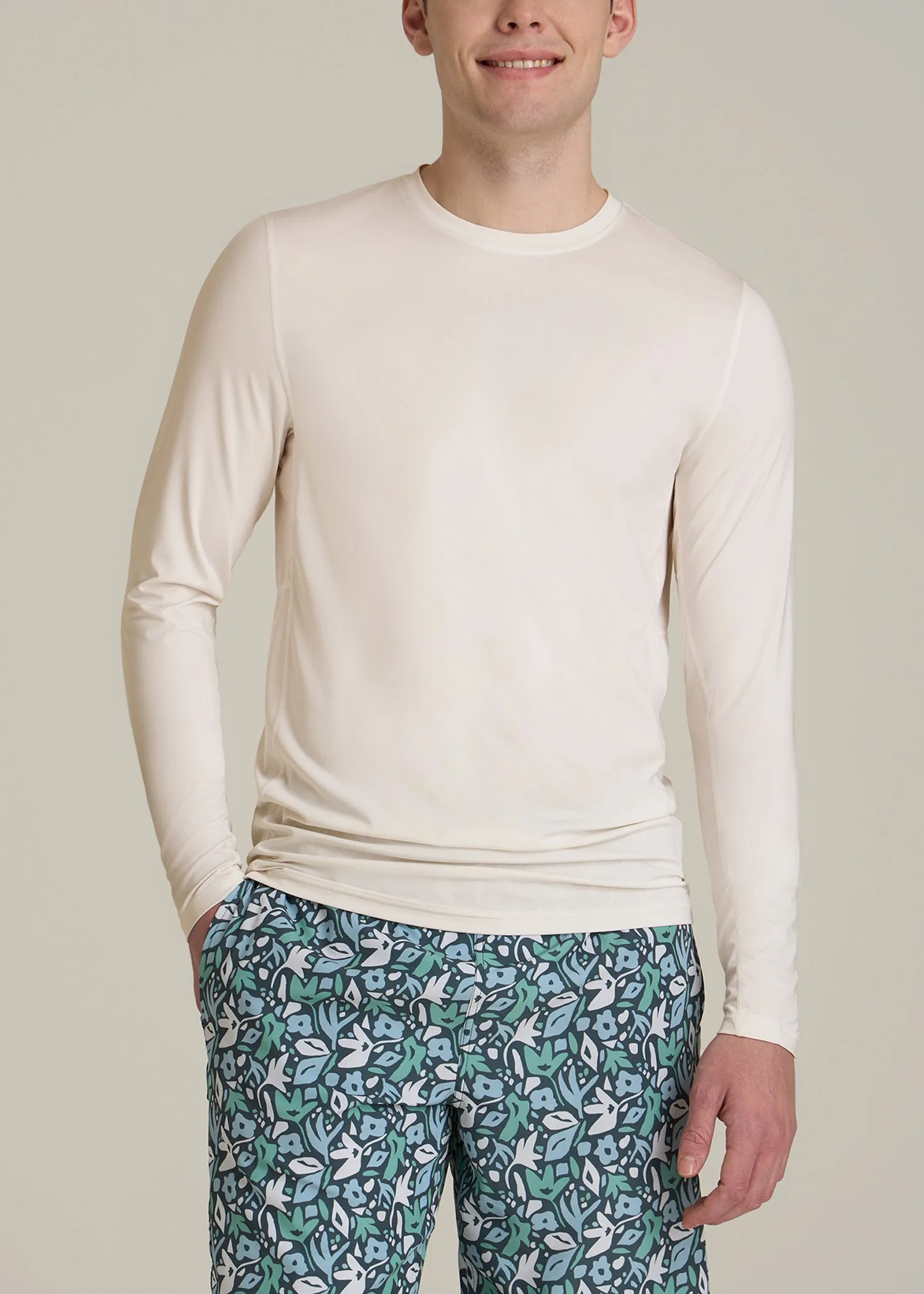 Long Sleeve UPF 50 Rash Guard for Tall Men in White Alyssum sold by American Tall