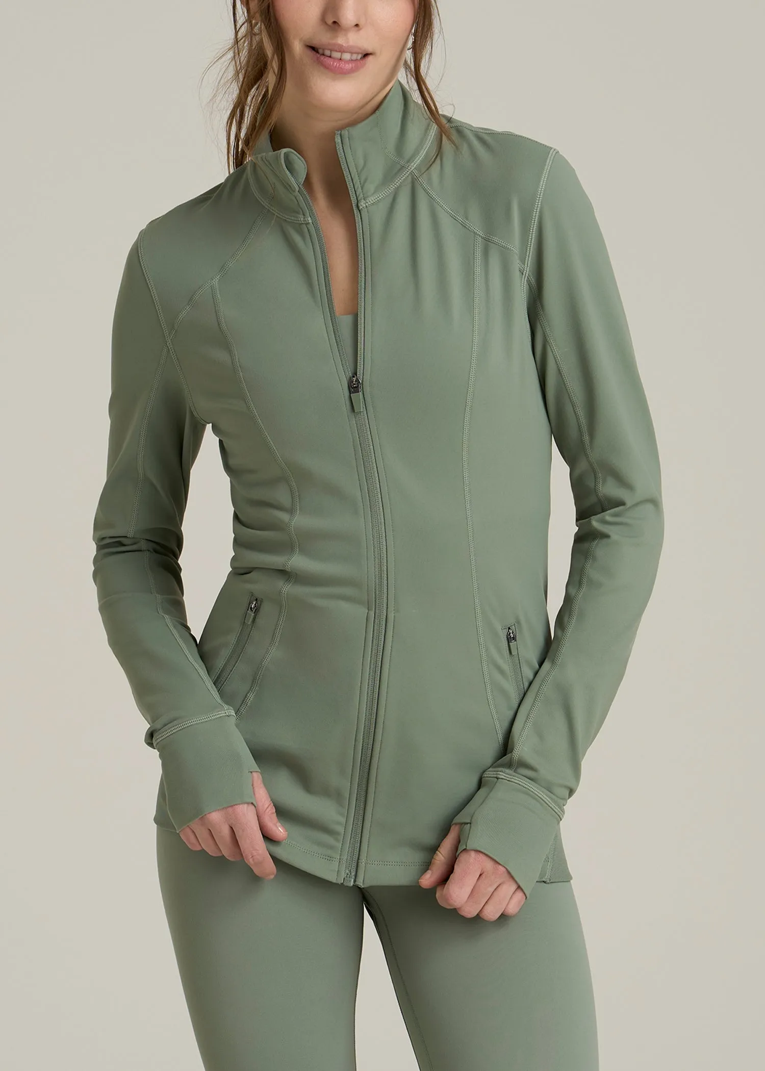 Women's Athletic Zip-Up Jacket for Tall Women in Dark Seagrass sold by American Tall