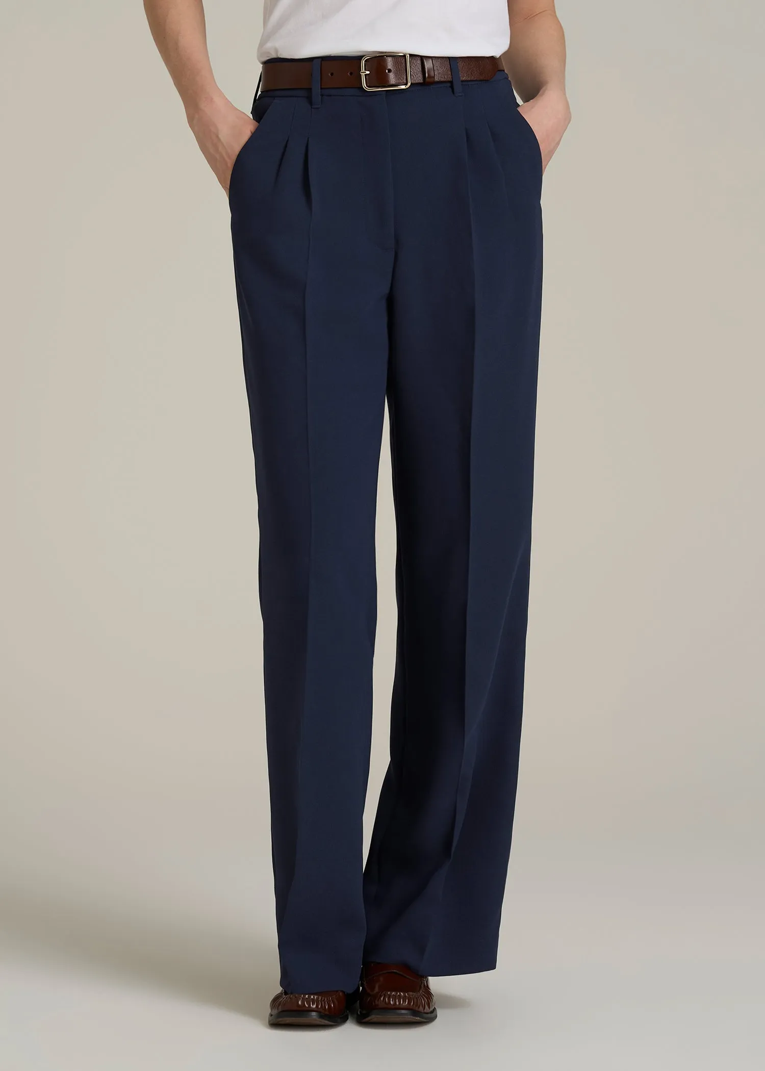 Wide Leg Pleated Dress Pants 2.0 for Tall Women in Navy sold by American Tall