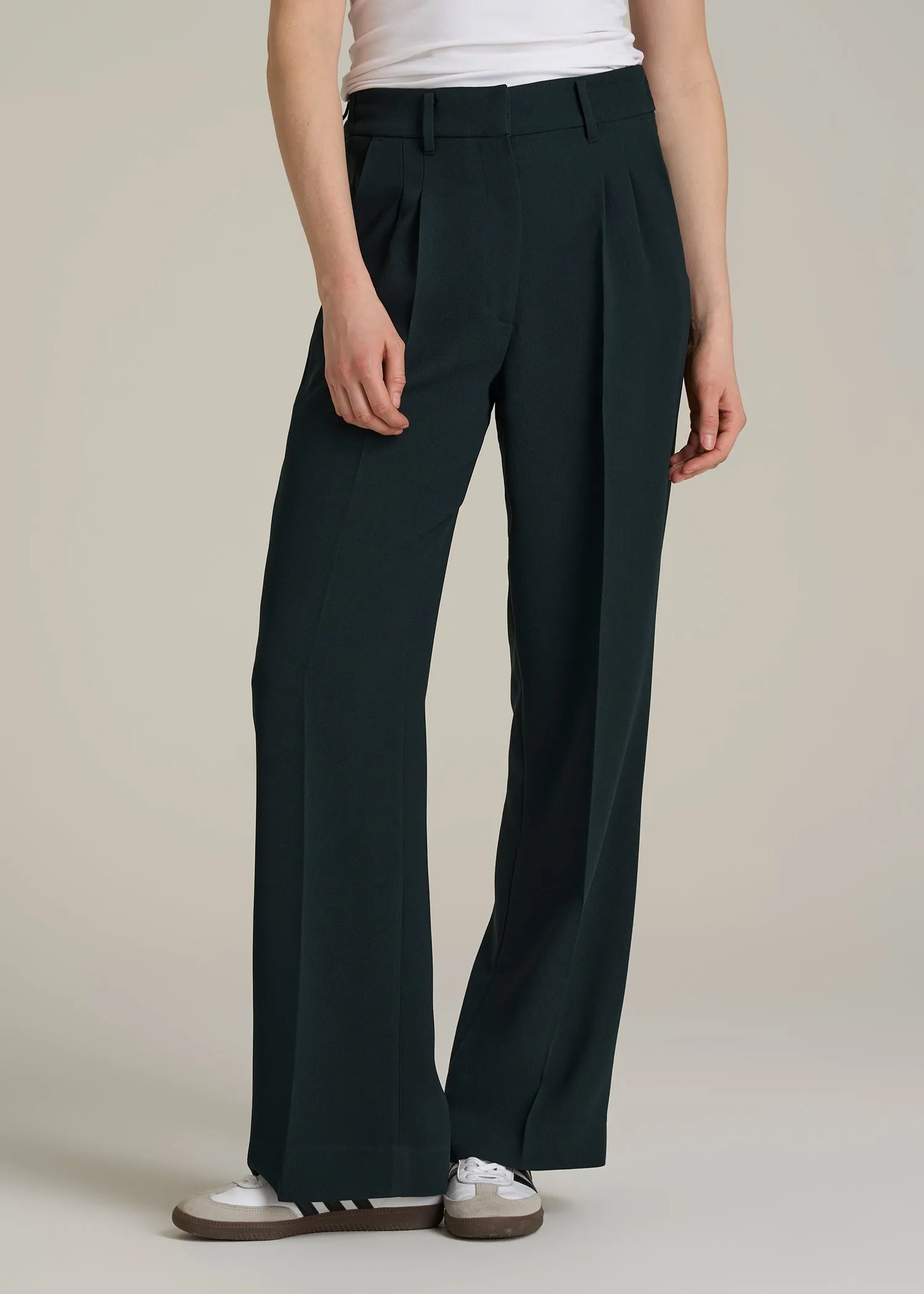 Wide Leg Pleated Dress Pants 2.0 for Tall Women in Midnight Green sold by American Tall