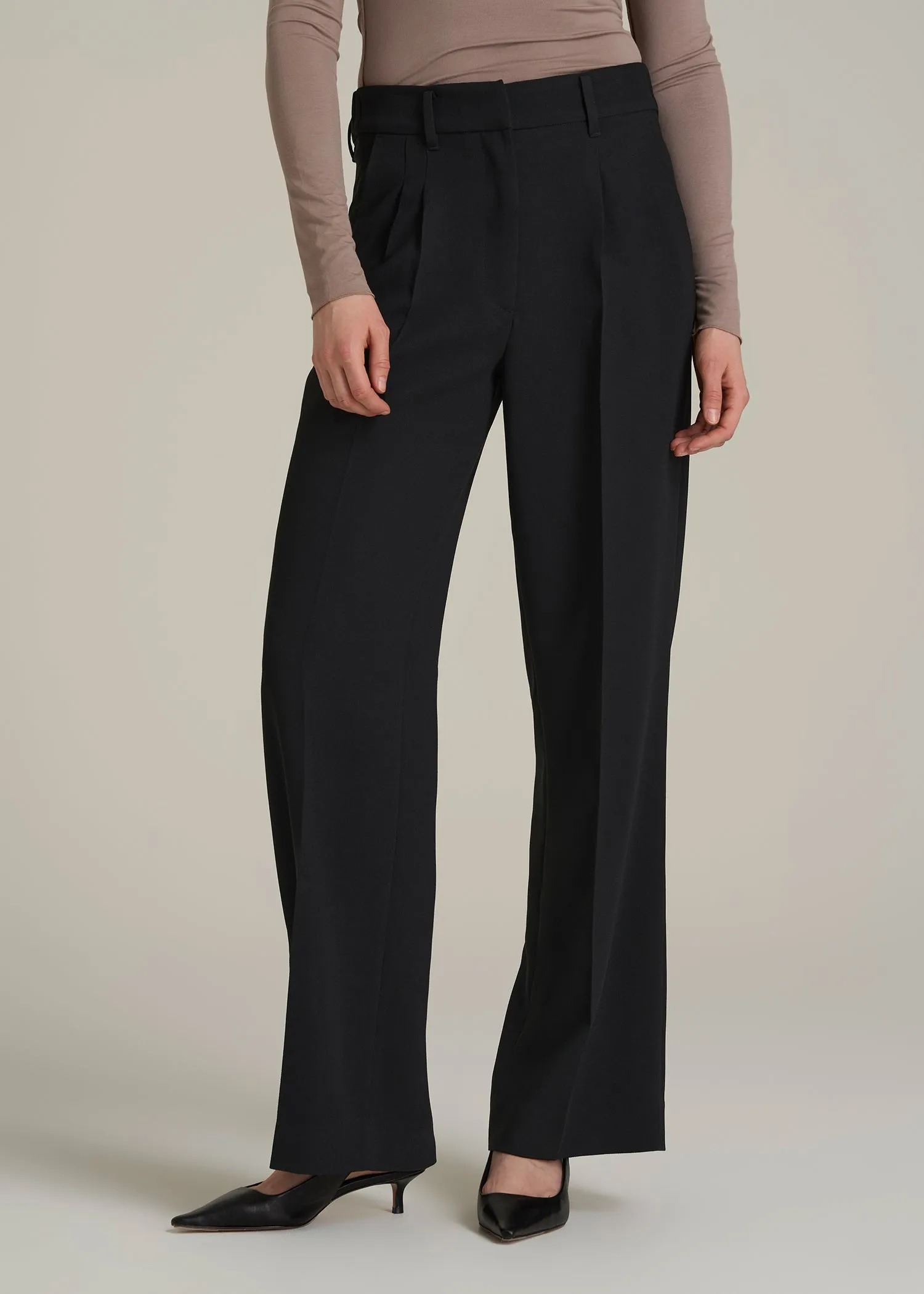 Wide Leg Pleated Dress Pants 2.0 for Tall Women in Black sold by American Tall