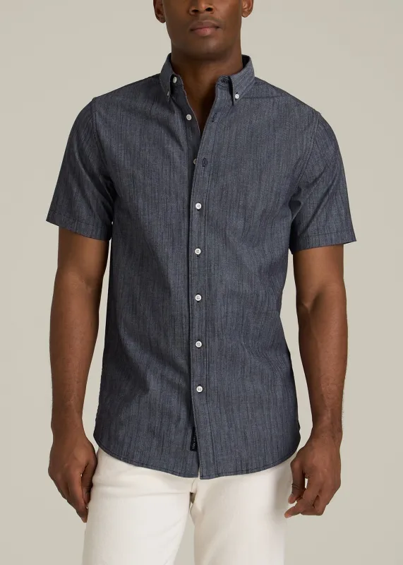 Short Sleeve Stretch Chambray Shirt for Tall Men in Dark Blue Chambray sold by American Tall