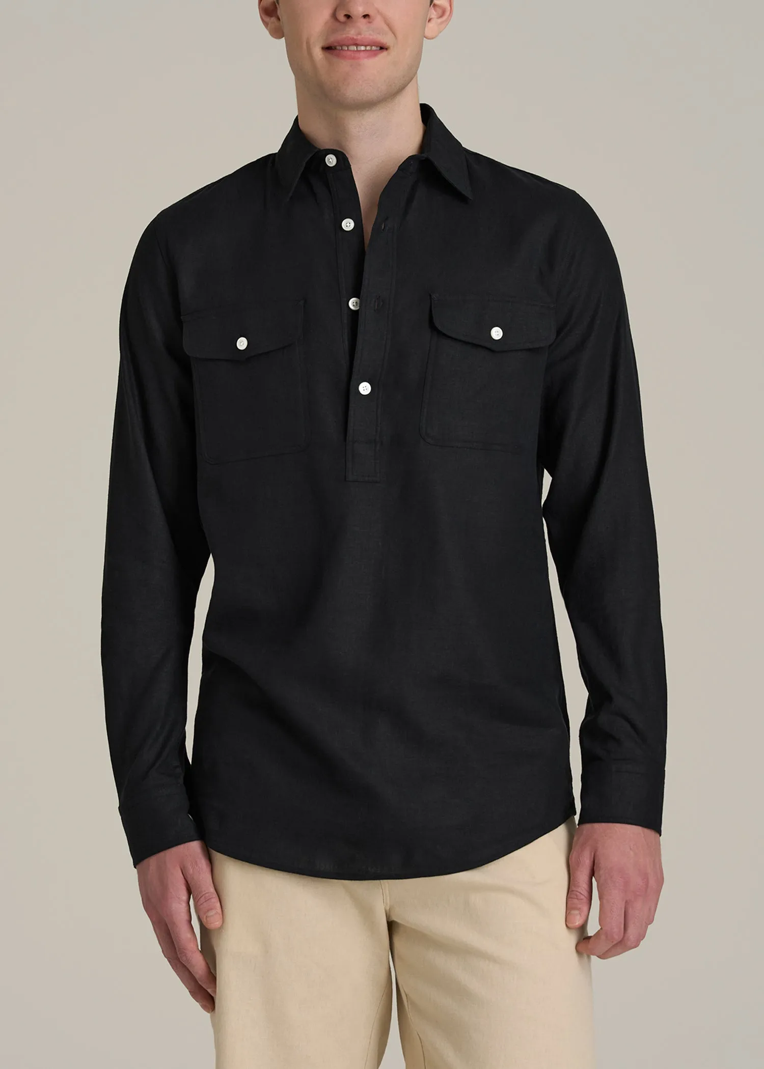 Linen Popover Shirt for Tall Men in Black sold by American Tall