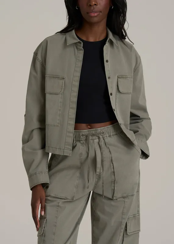 Garment Dyed Utility Shirt for Tall Women in Camper Green sold by American Tall