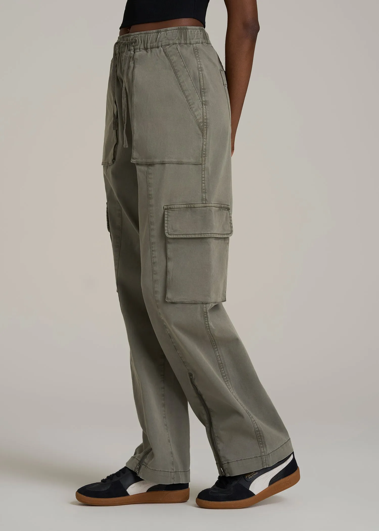 High Rise Garment Dyed Baggy Cargo Pants for Tall Women in Camper Green sold by American Tall product image thumbnail 3