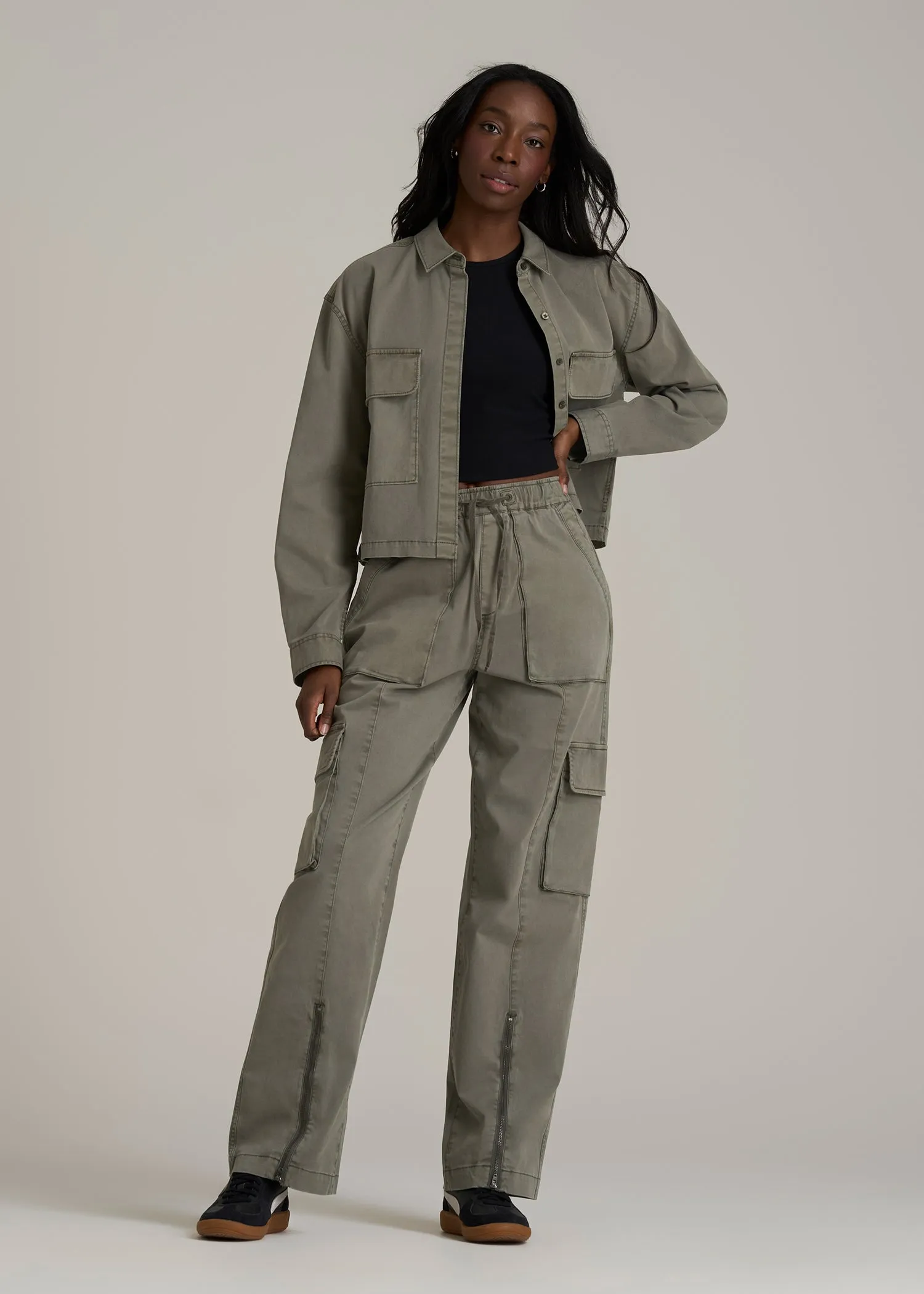 High Rise Garment Dyed Baggy Cargo Pants for Tall Women in Camper Green sold by American Tall product image thumbnail 4