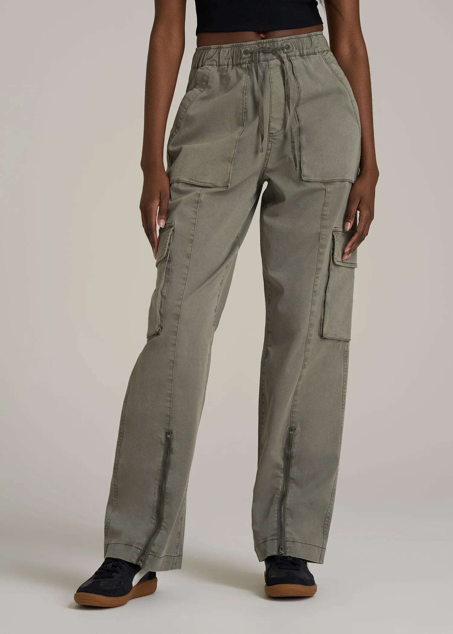 High Rise Garment Dyed Baggy Cargo Pants for Tall Women in Camper Green sold by American Tall
