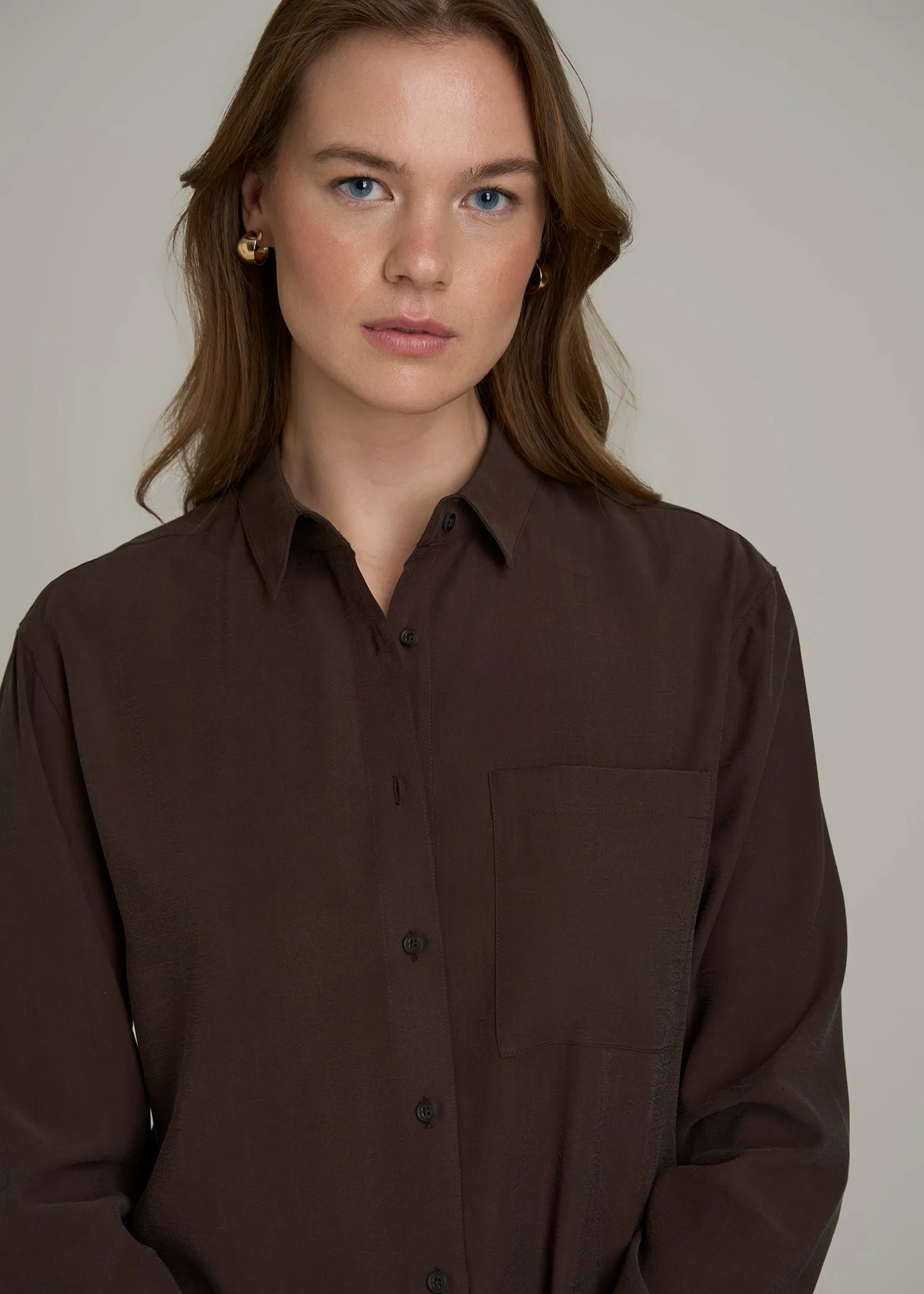 Relaxed Button-Up Single-Pocket Blouse for Tall Women in Espresso sold by American Tall product image thumbnail 2