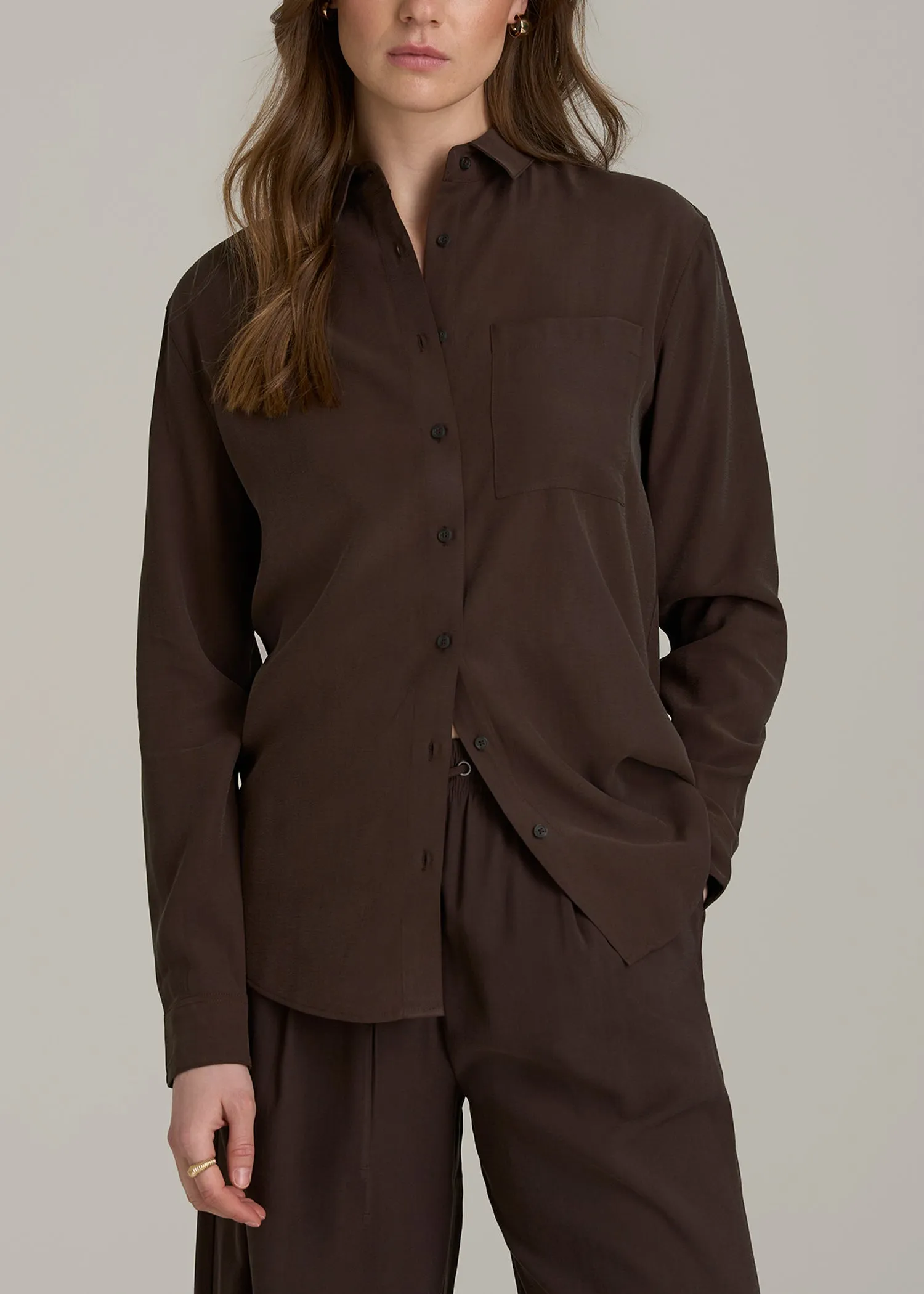 Relaxed Button-Up Single-Pocket Blouse for Tall Women in Espresso sold by American Tall
