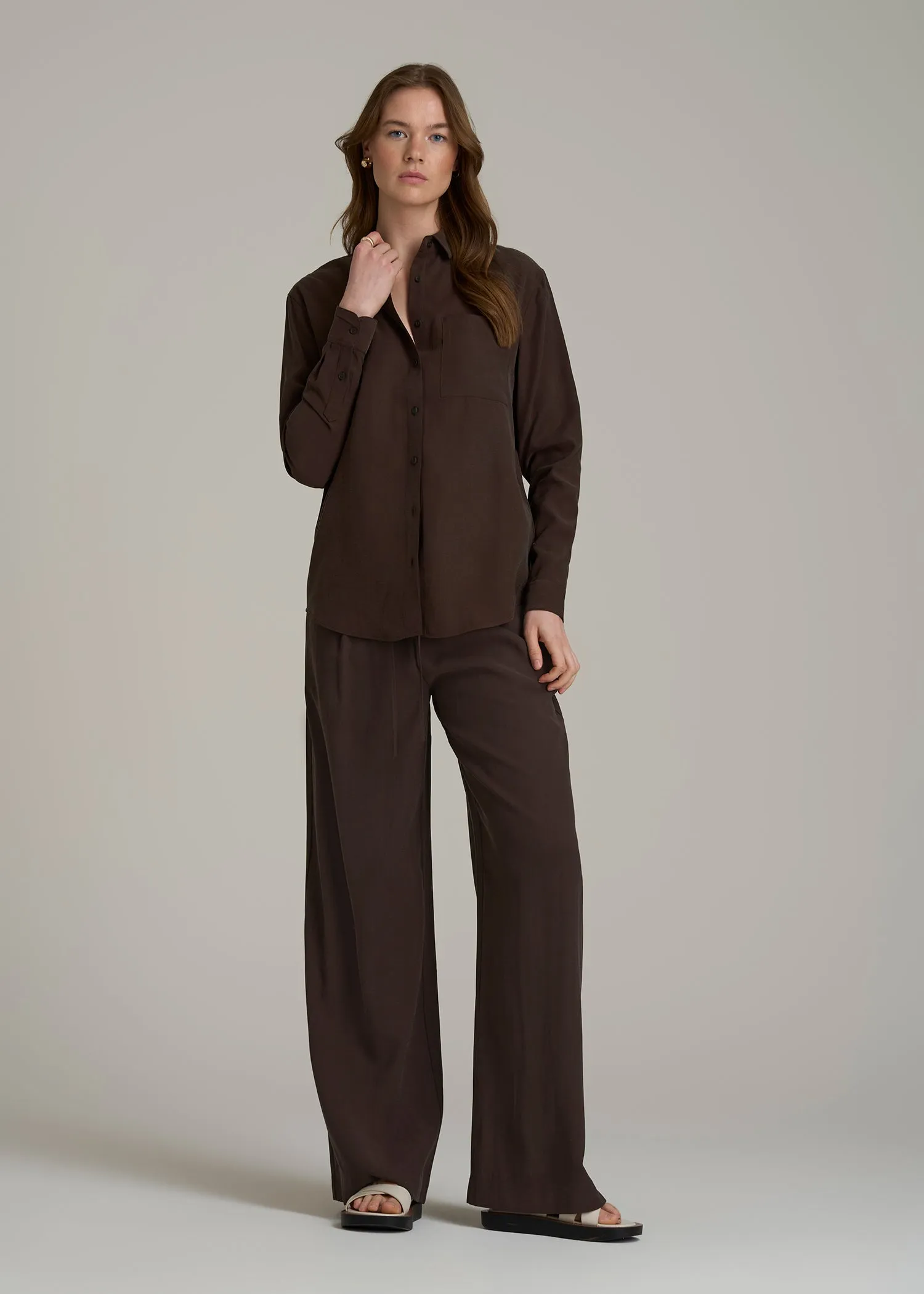 Relaxed Button-Up Single-Pocket Blouse for Tall Women in Espresso sold by American Tall product image thumbnail 4