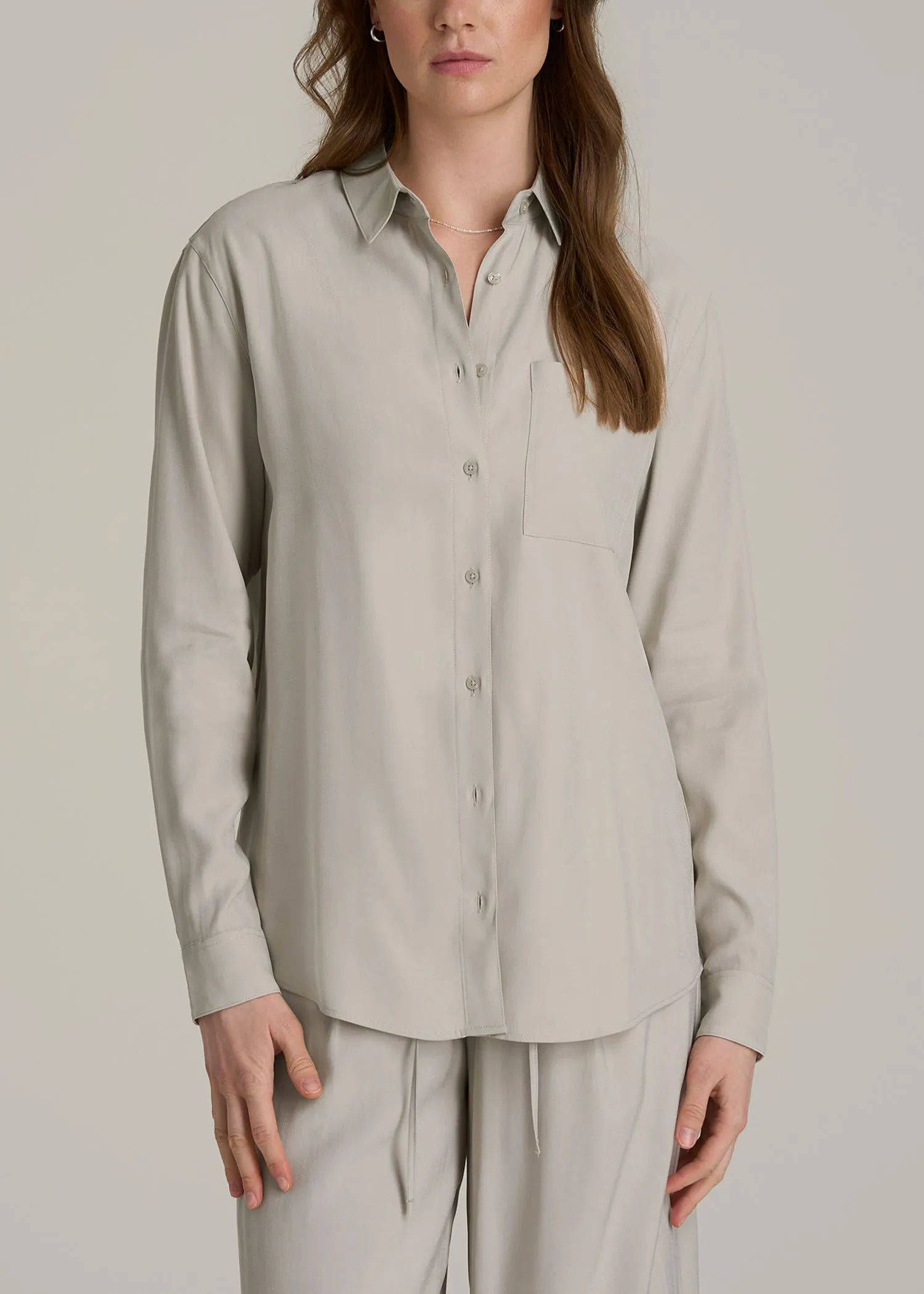 Relaxed Button-Up Single-Pocket Blouse for Tall Women in Stone sold by American Tall