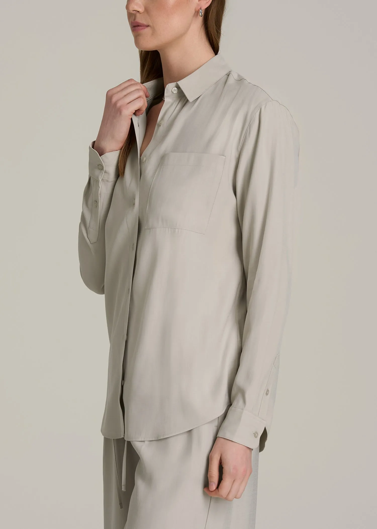 Relaxed Button-Up Single-Pocket Blouse for Tall Women in Stone sold by American Tall product image thumbnail 3