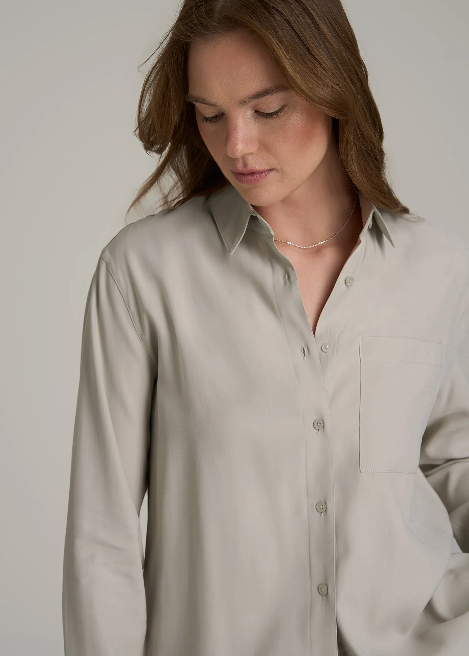 Relaxed Button-Up Single-Pocket Blouse for Tall Women in Stone sold by American Tall product image thumbnail 2